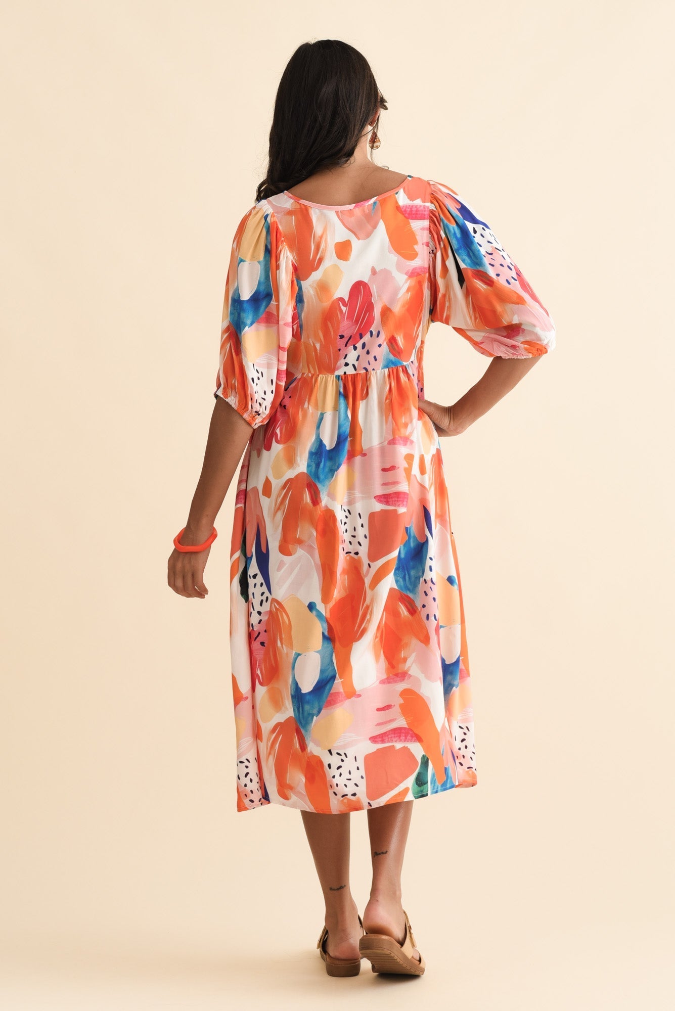 Kacey Orange Abstract Button Dress