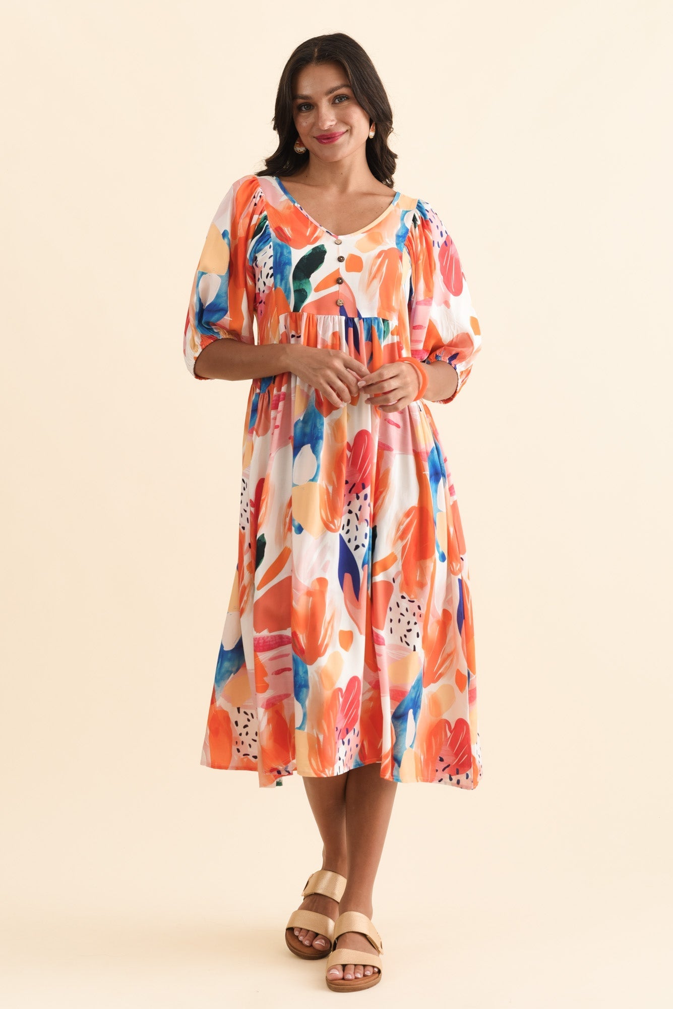 Kacey Orange Abstract Button Dress