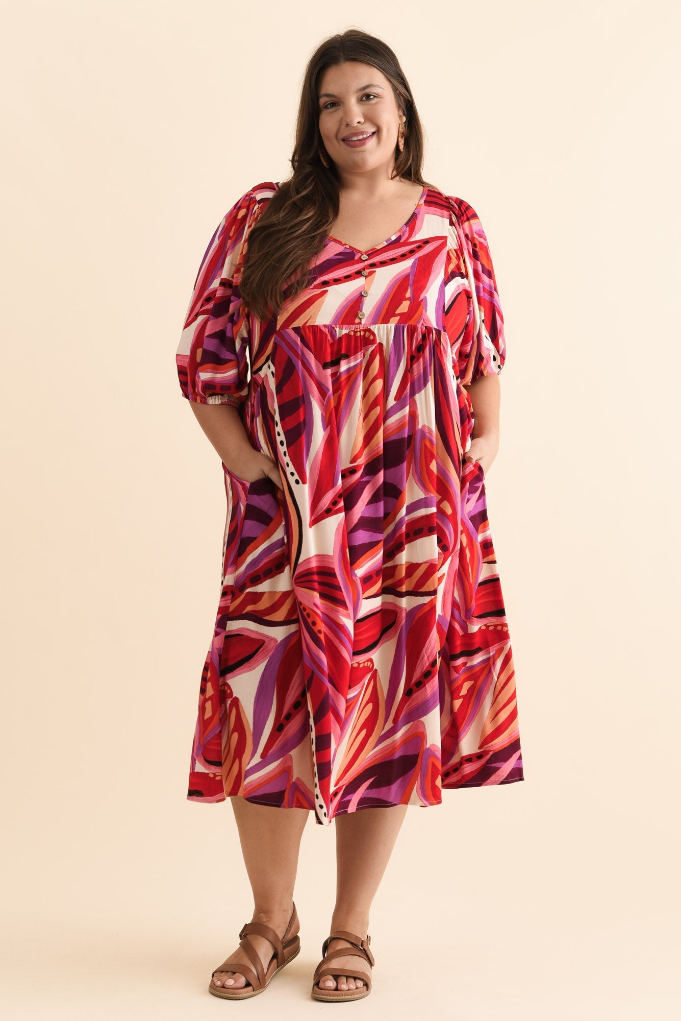 Kacey Pink Leaf Button Dress