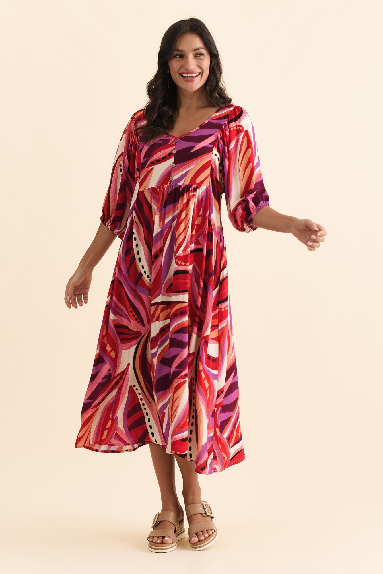 Kacey Pink Leaf Button Dress