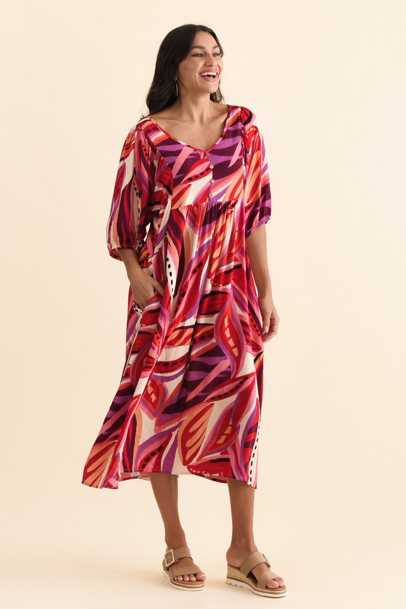 Kacey Pink Leaf Button Dress