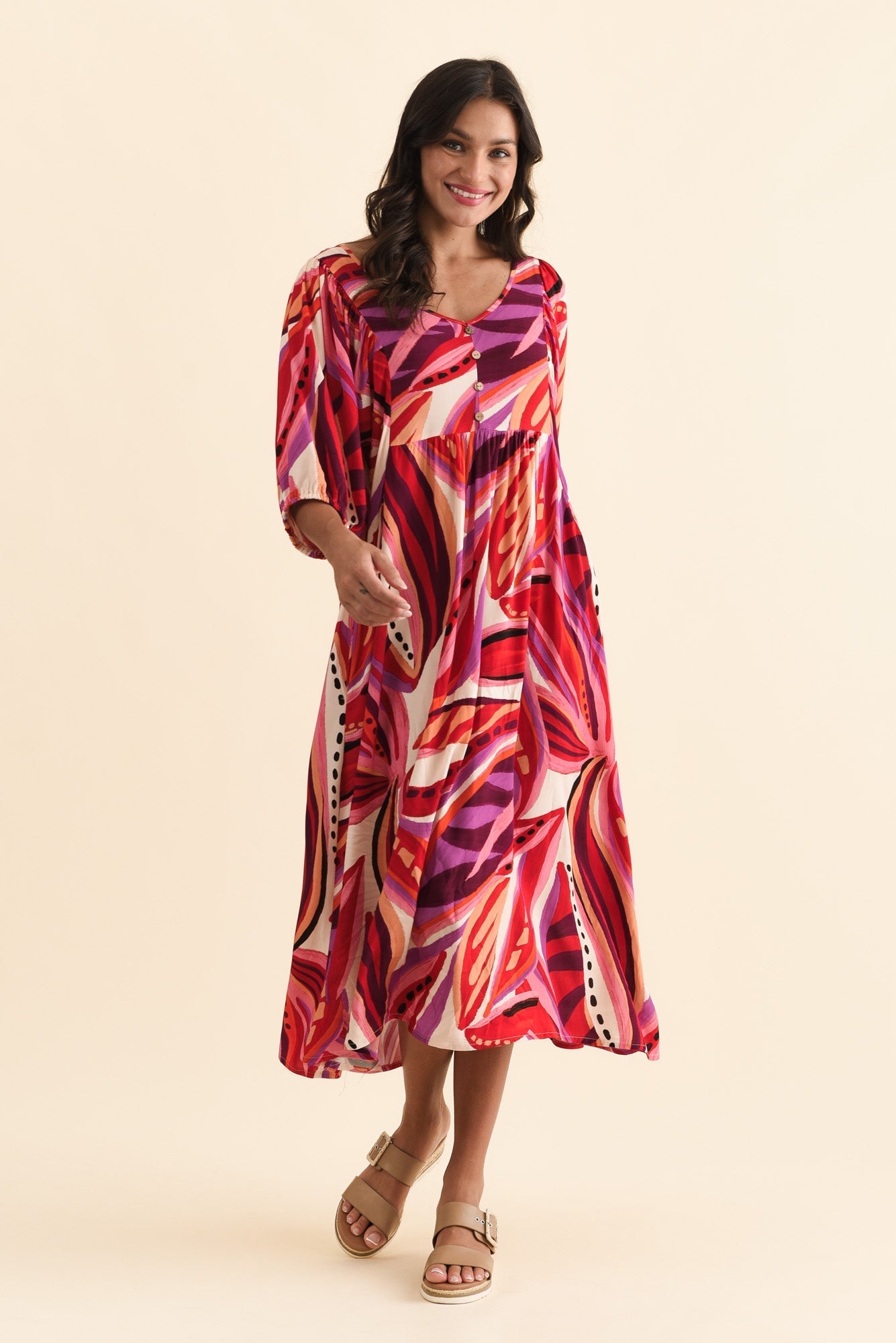 Kacey Pink Leaf Button Dress