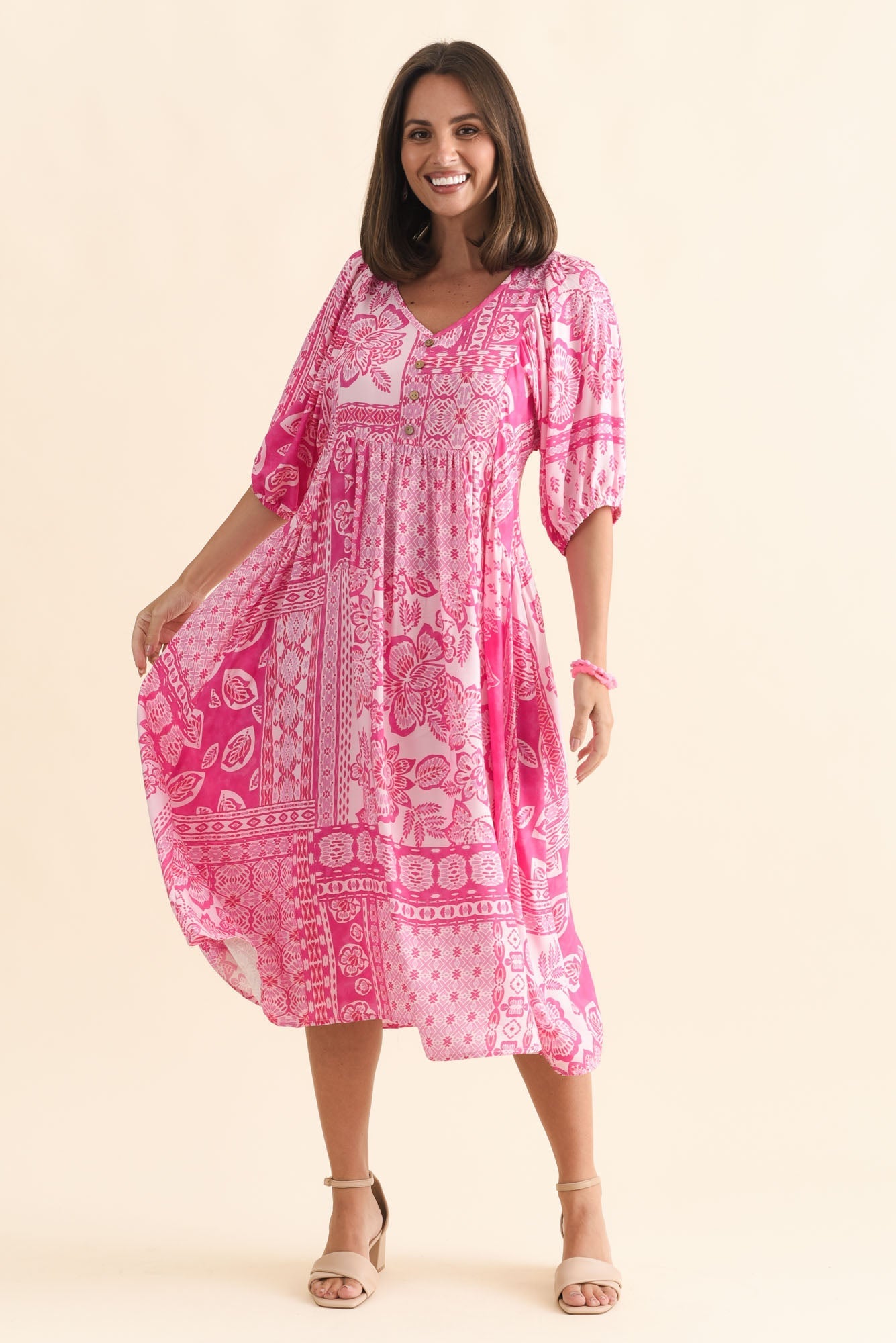 Kacey Pink Tile Button Dress
