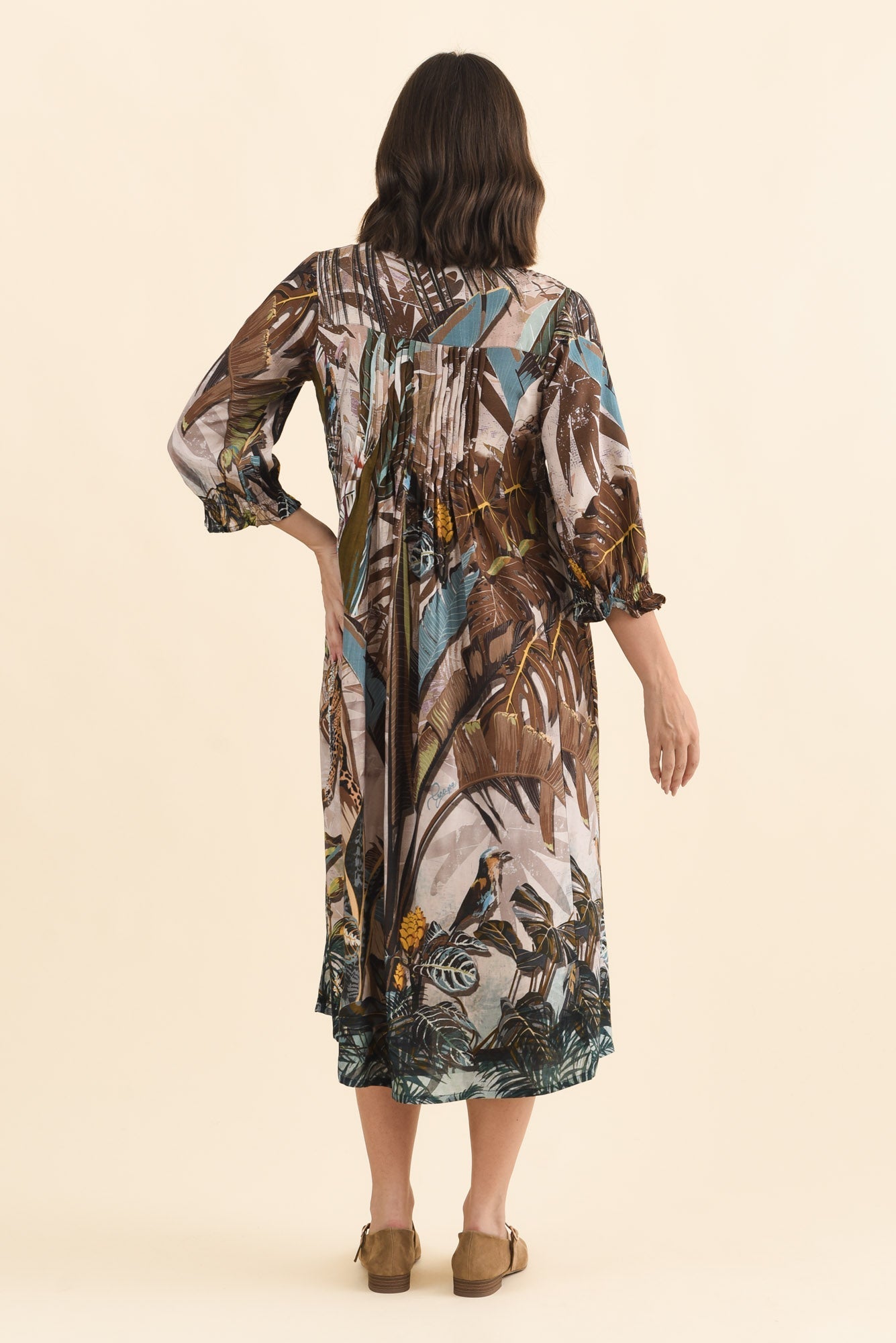 Kalmia Brown Jungle Pleated Tie Dress