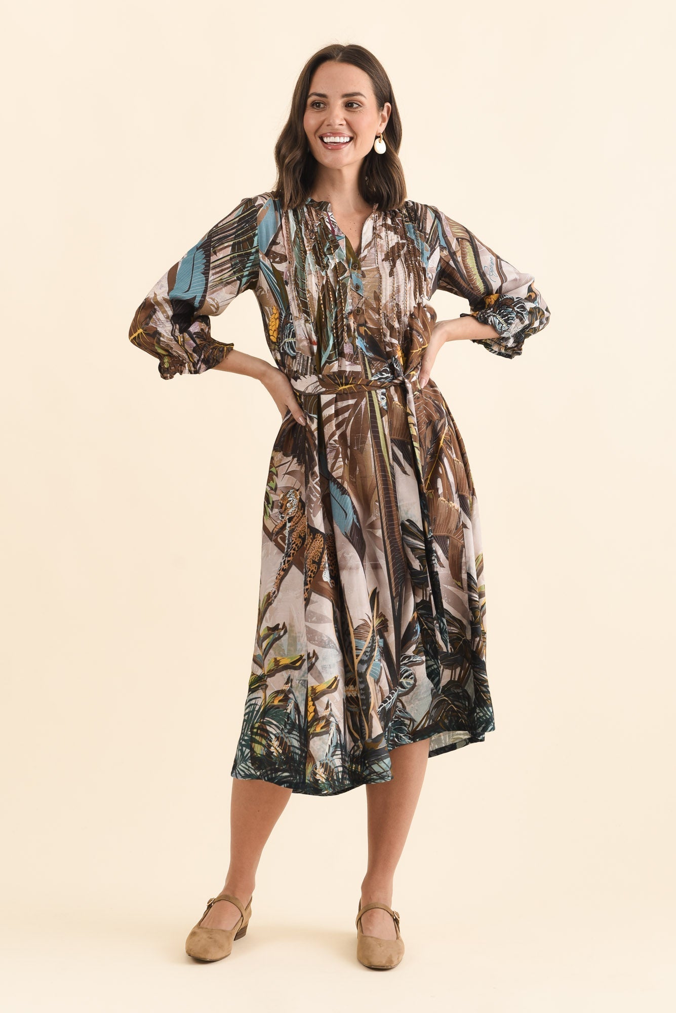 Kalmia Brown Jungle Pleated Tie Dress