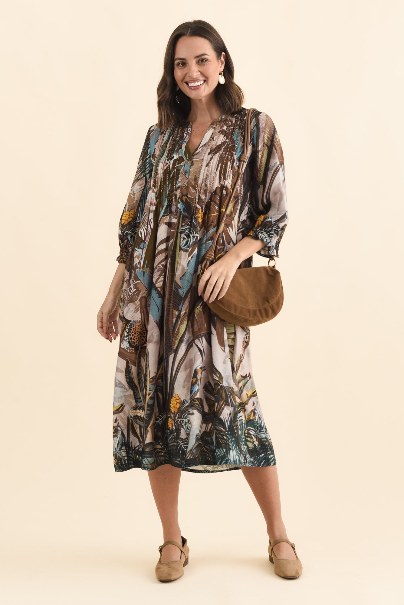 Kalmia Brown Jungle Pleated Tie Dress