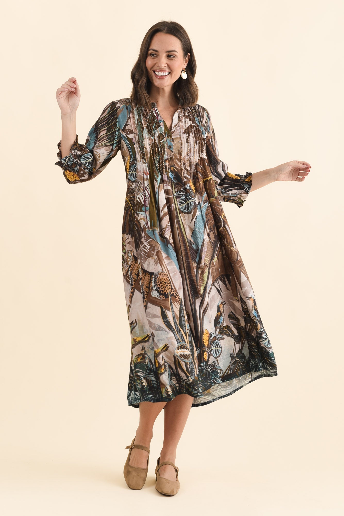 Kalmia Brown Jungle Pleated Tie Dress