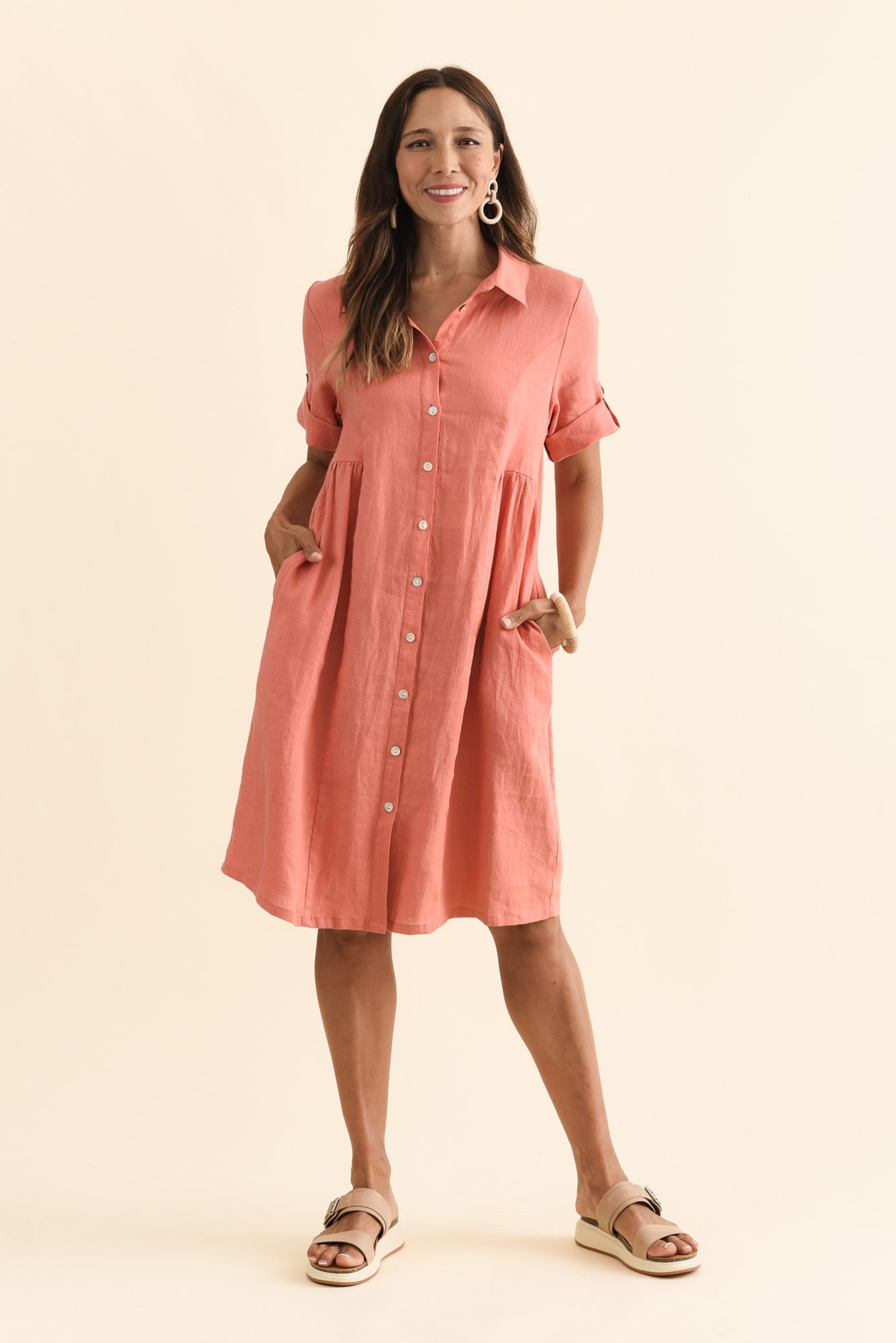 Katy Orange Linen Pocket Dress