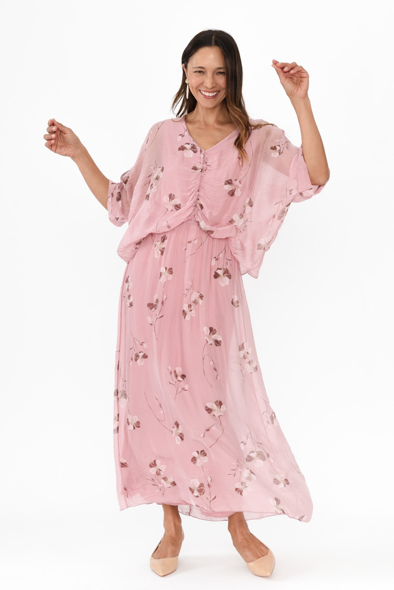 Kerry Pink Floral Silk Gathered Dress