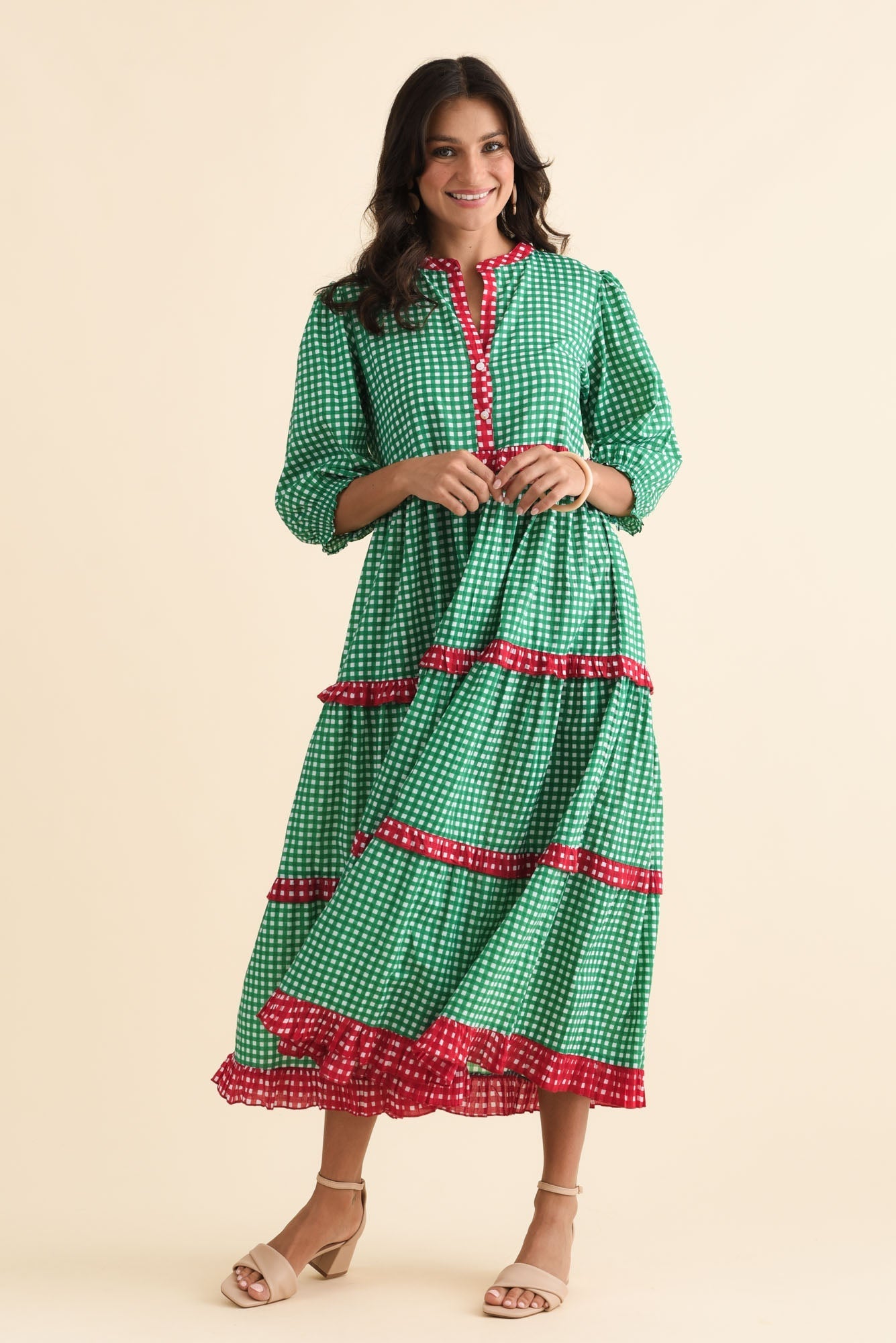 Kesia Green Spot Cotton Tier Dress