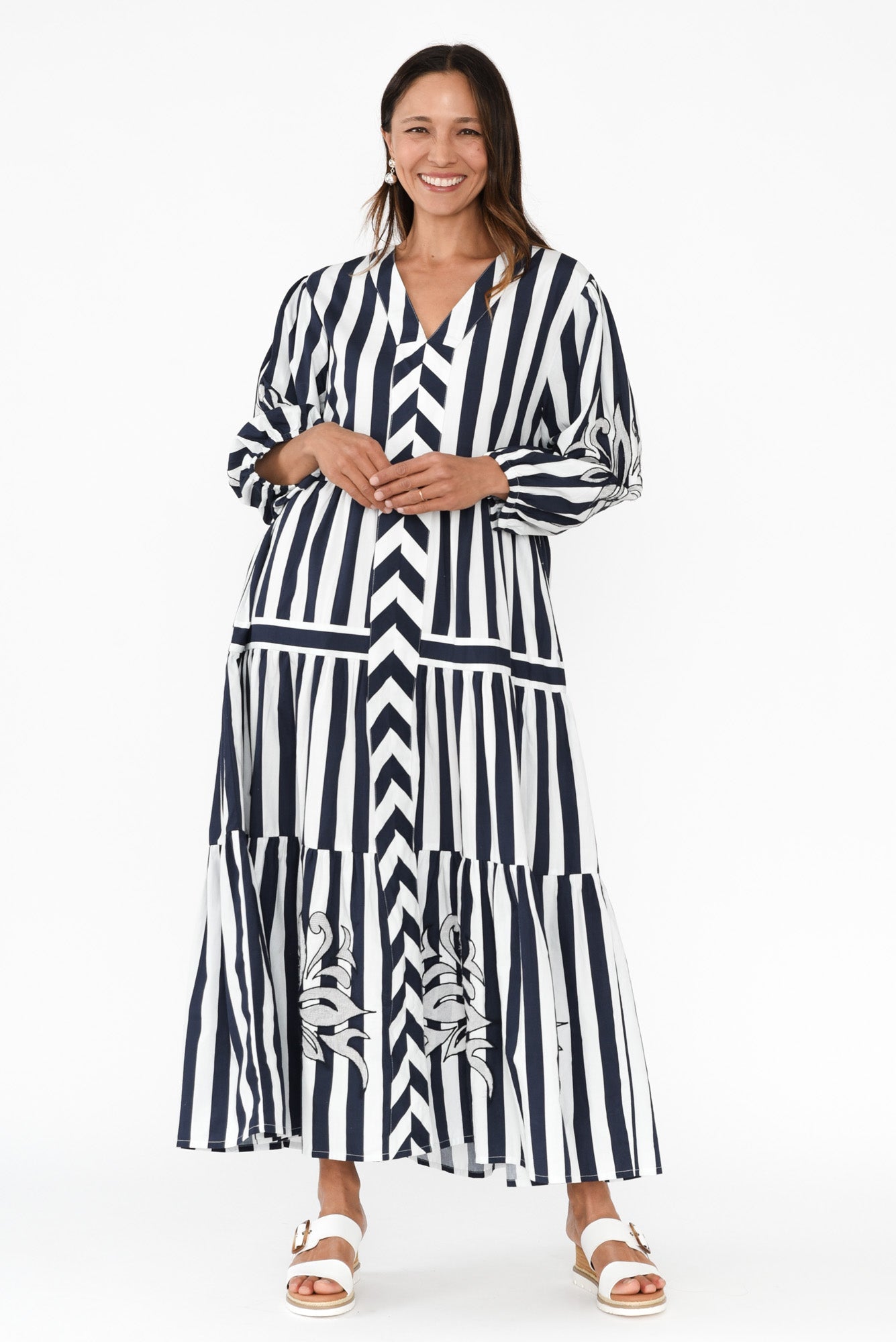 Kora Navy Stripe Cotton Poplin Tie Dress