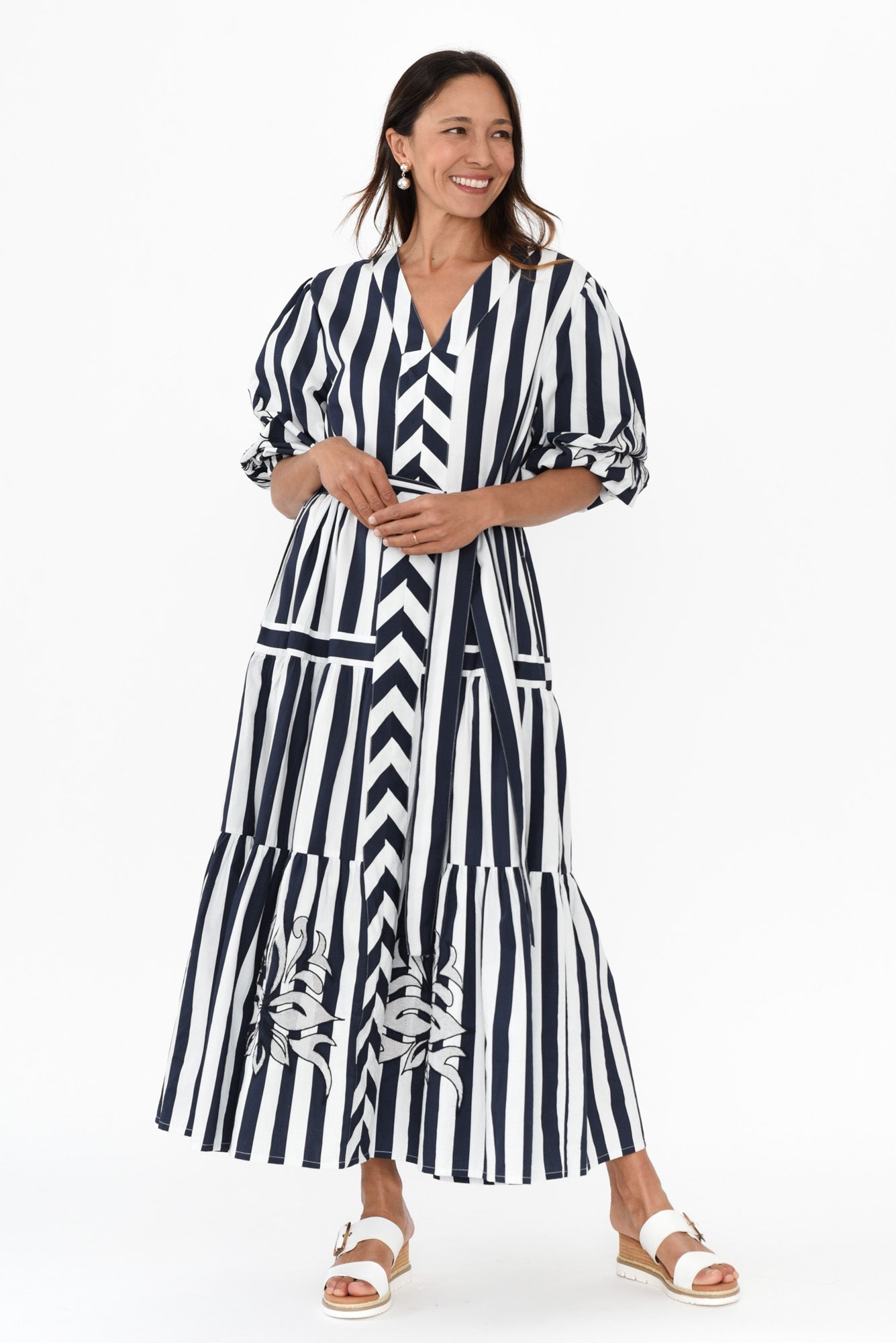 Kora Navy Stripe Cotton Poplin Tie Dress
