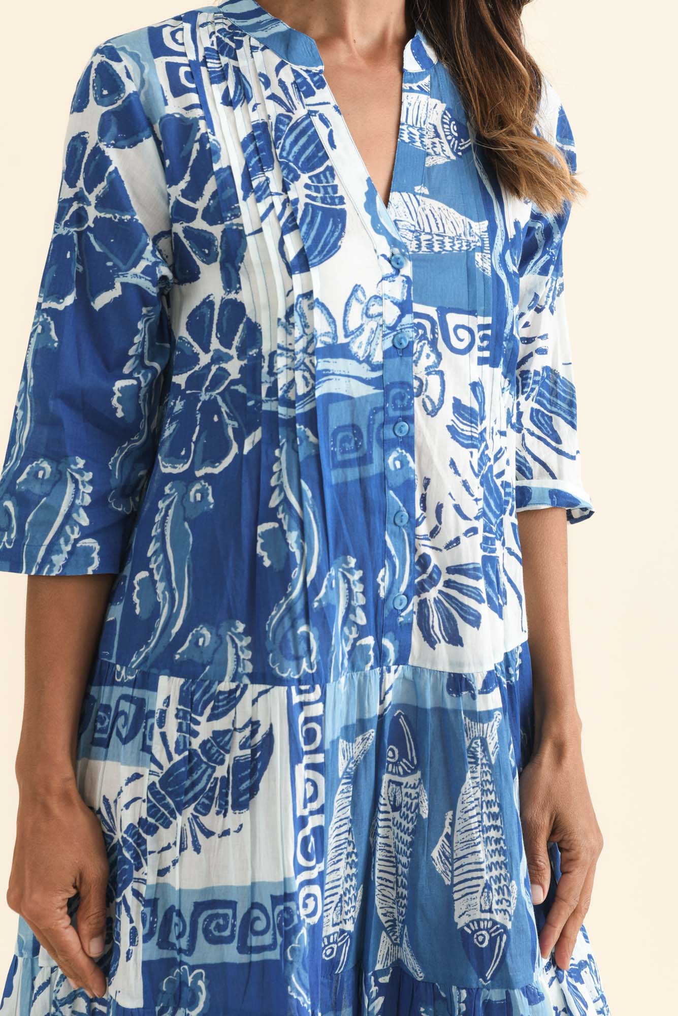 Larissa Blue Ocean Cotton Pleated Dress