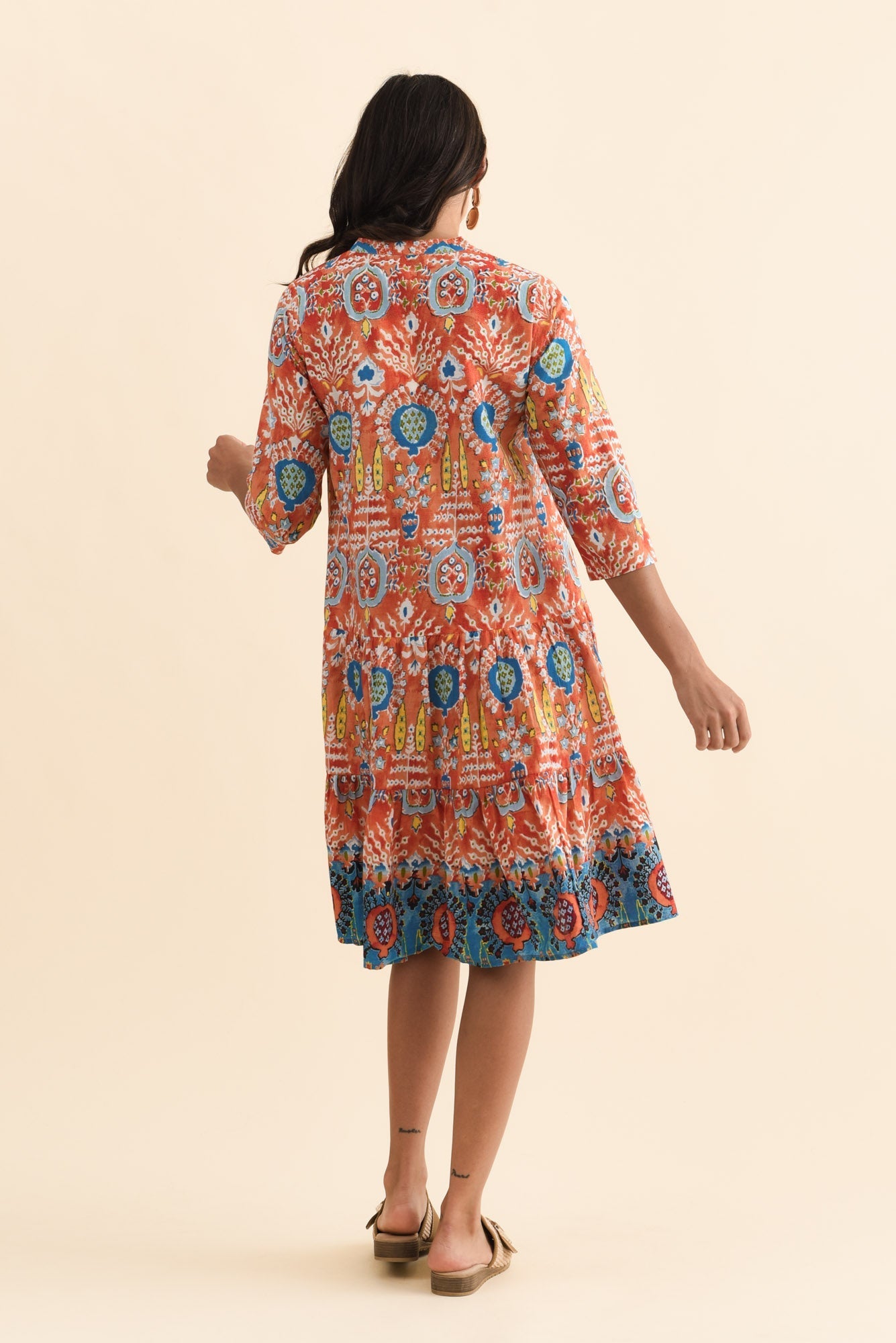 Larissa Orange Motif Cotton Pleated Dress
