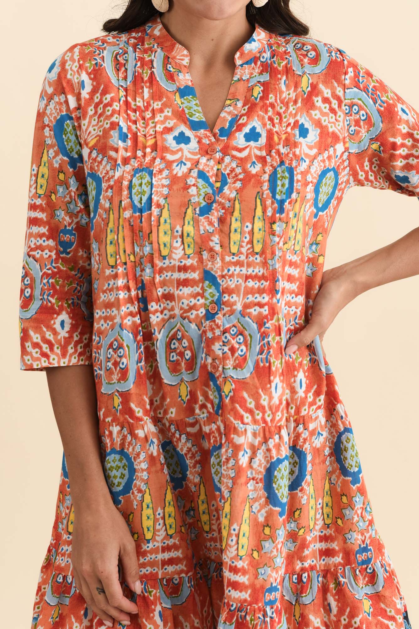 Larissa Orange Motif Cotton Pleated Dress