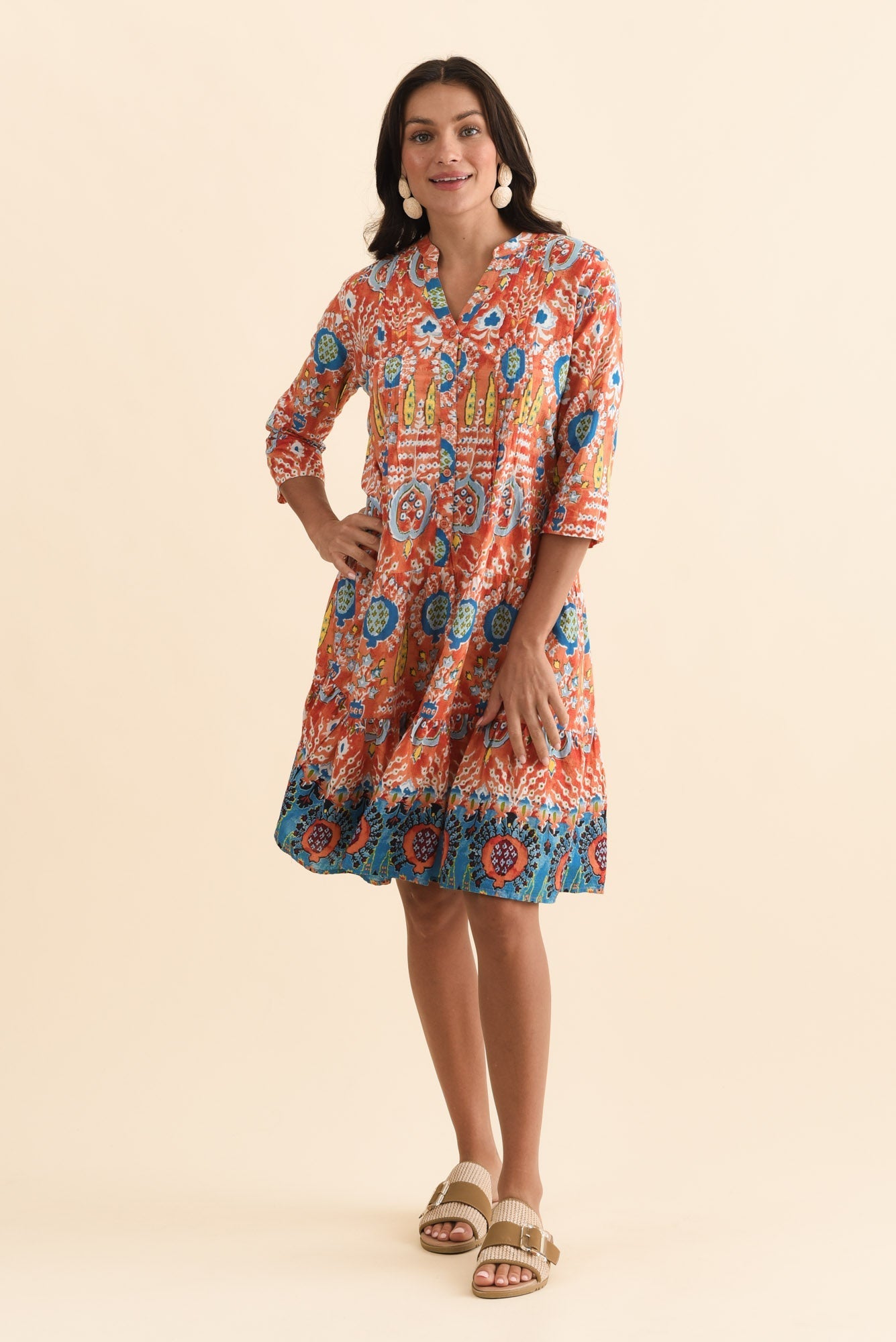 Larissa Orange Motif Cotton Pleated Dress