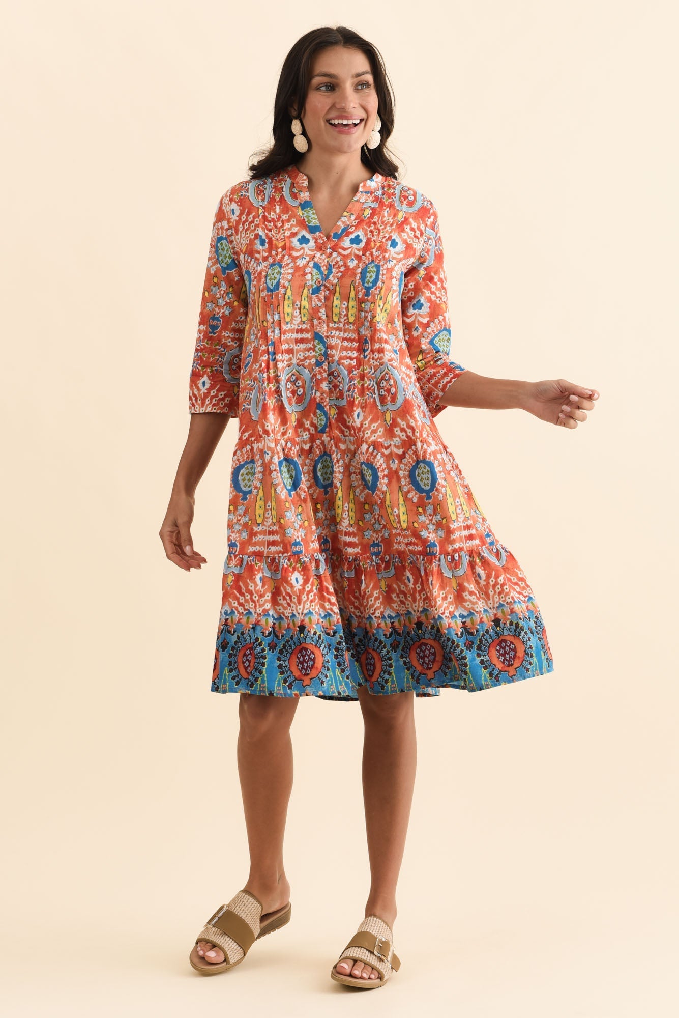 Larissa Orange Motif Cotton Pleated Dress