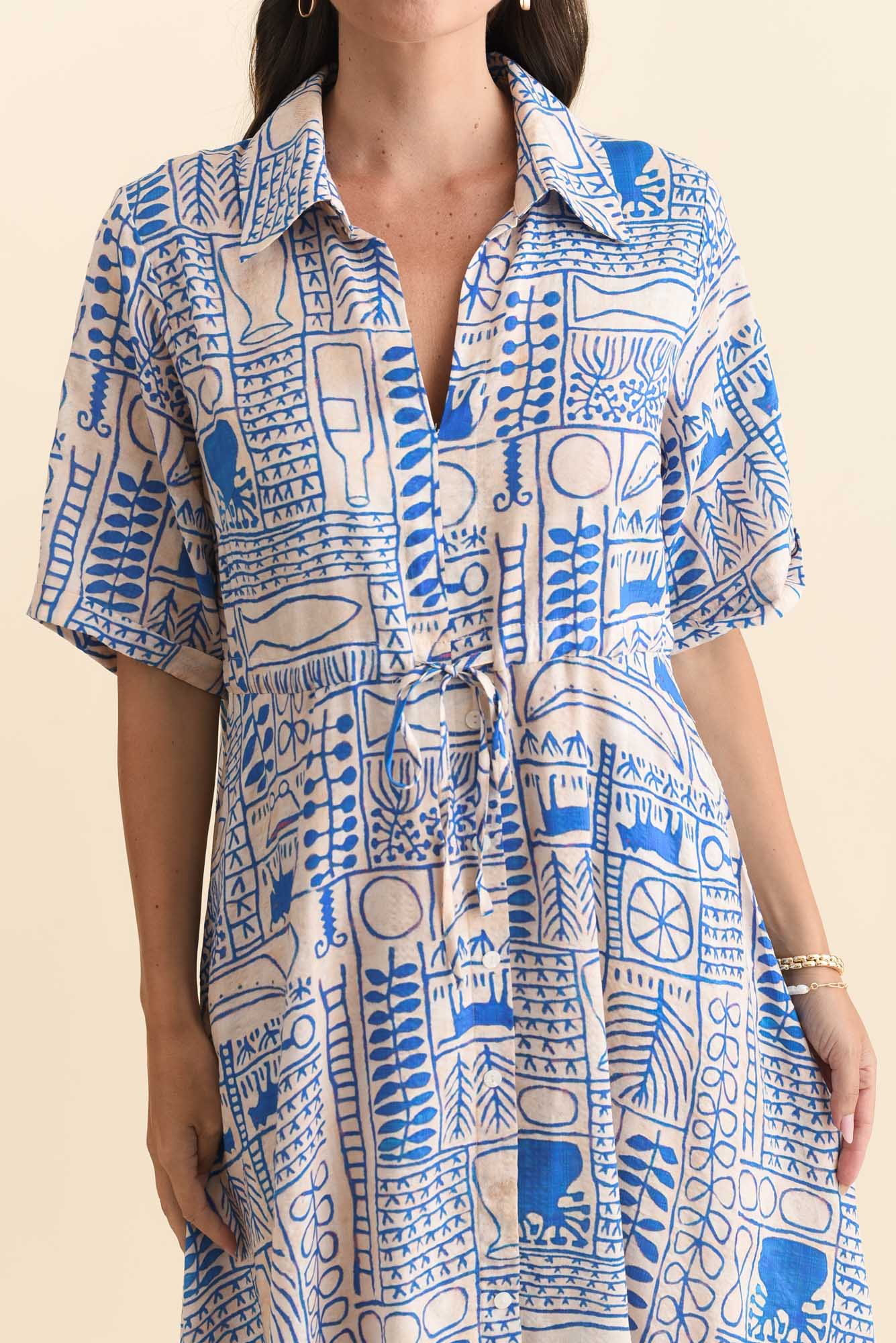 Leigh Blue Mosaic Tie Dress