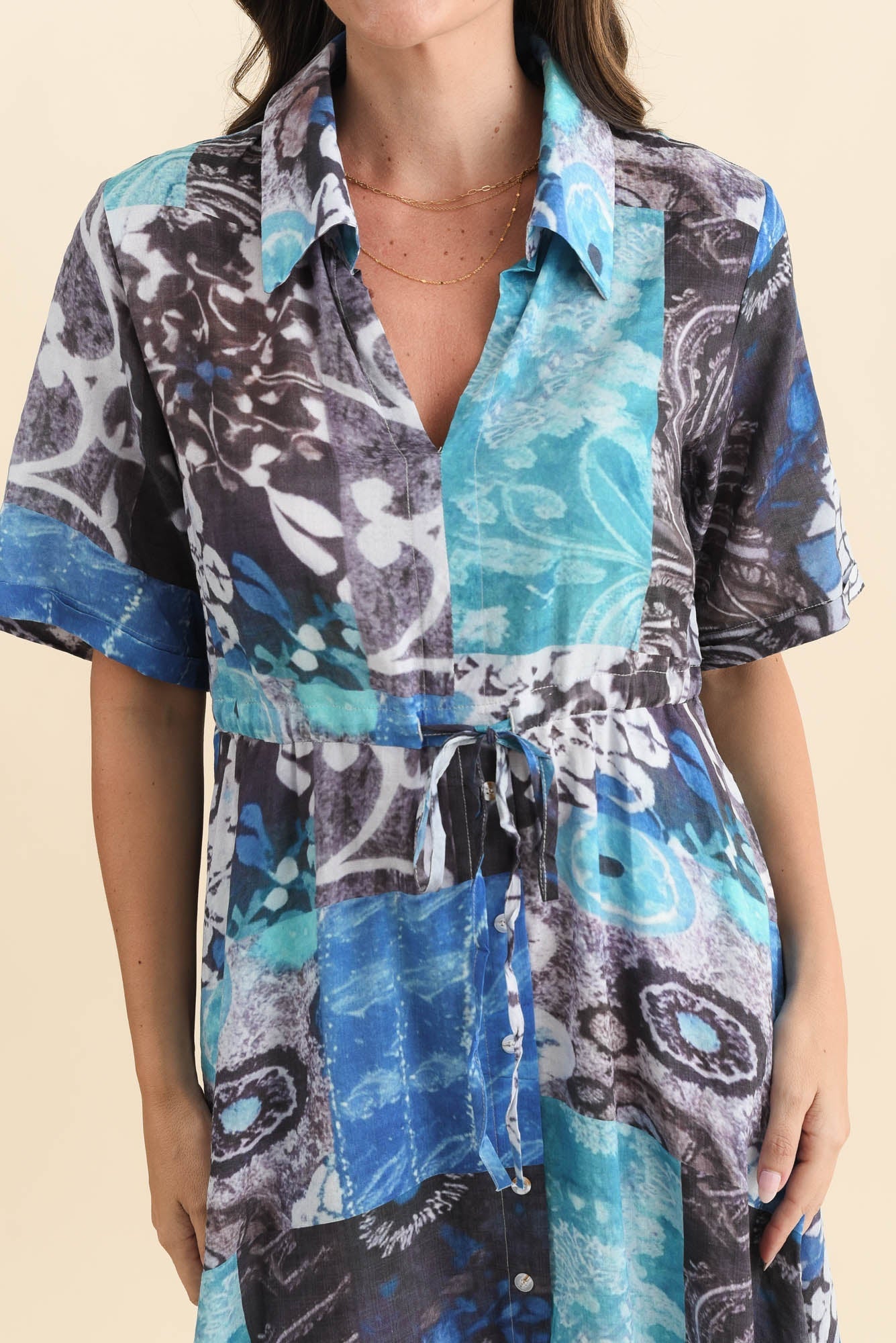 Leigh Blue Patchwork Tie Dress