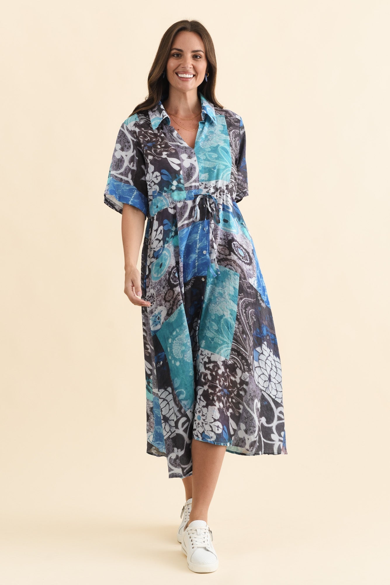 Leigh Blue Patchwork Tie Dress