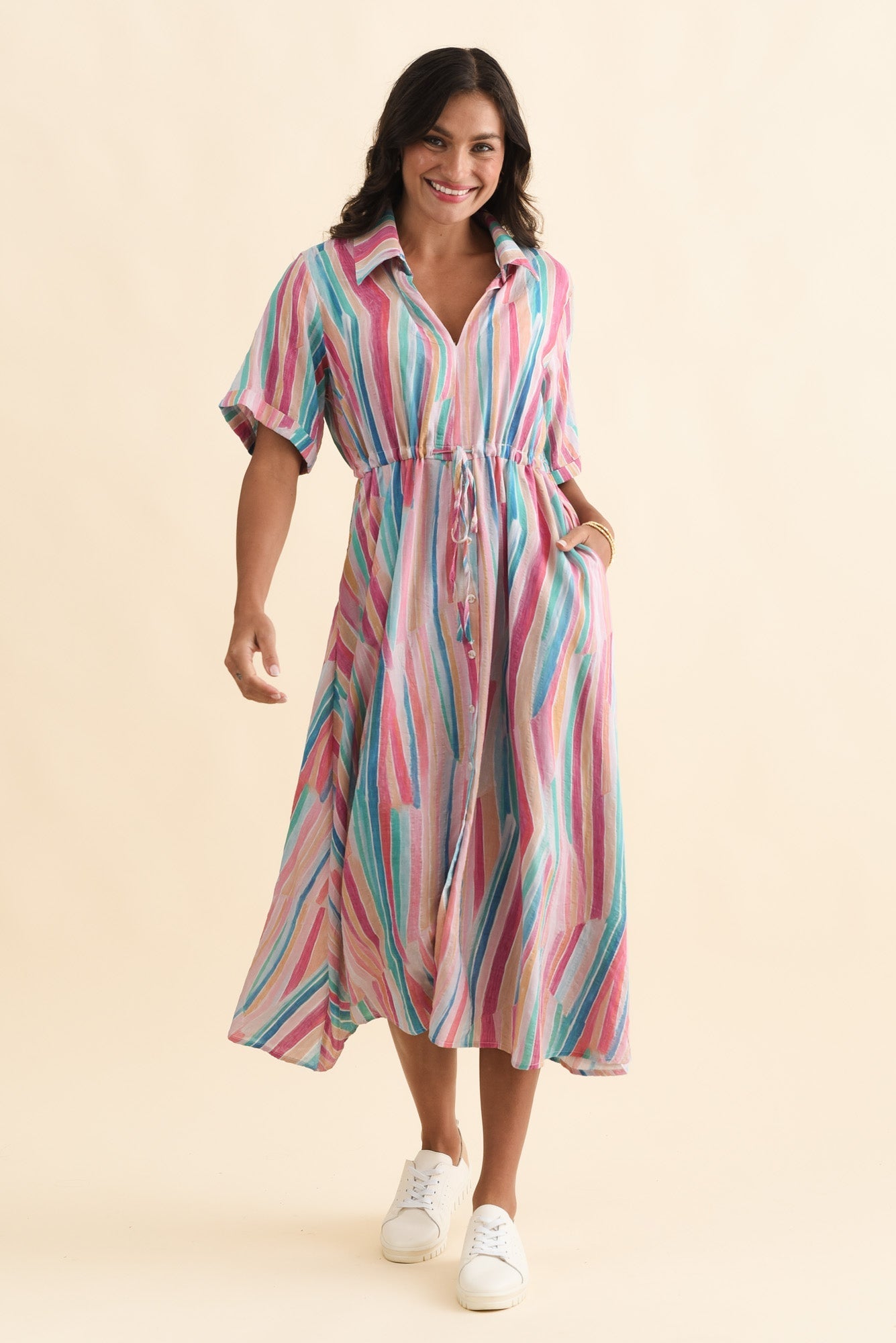 Leigh Pink Stripe Tie Dress