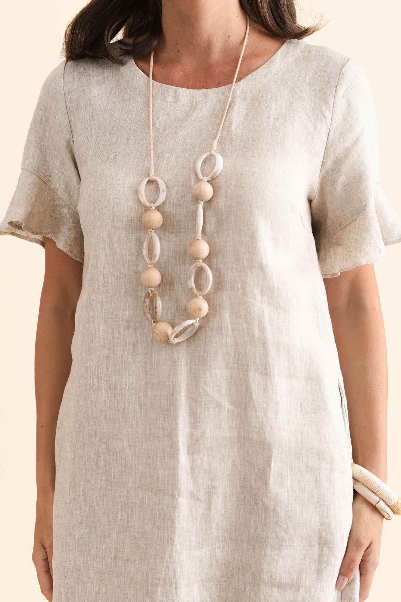 Lesley Beige Linen Flutter Sleeve Dress