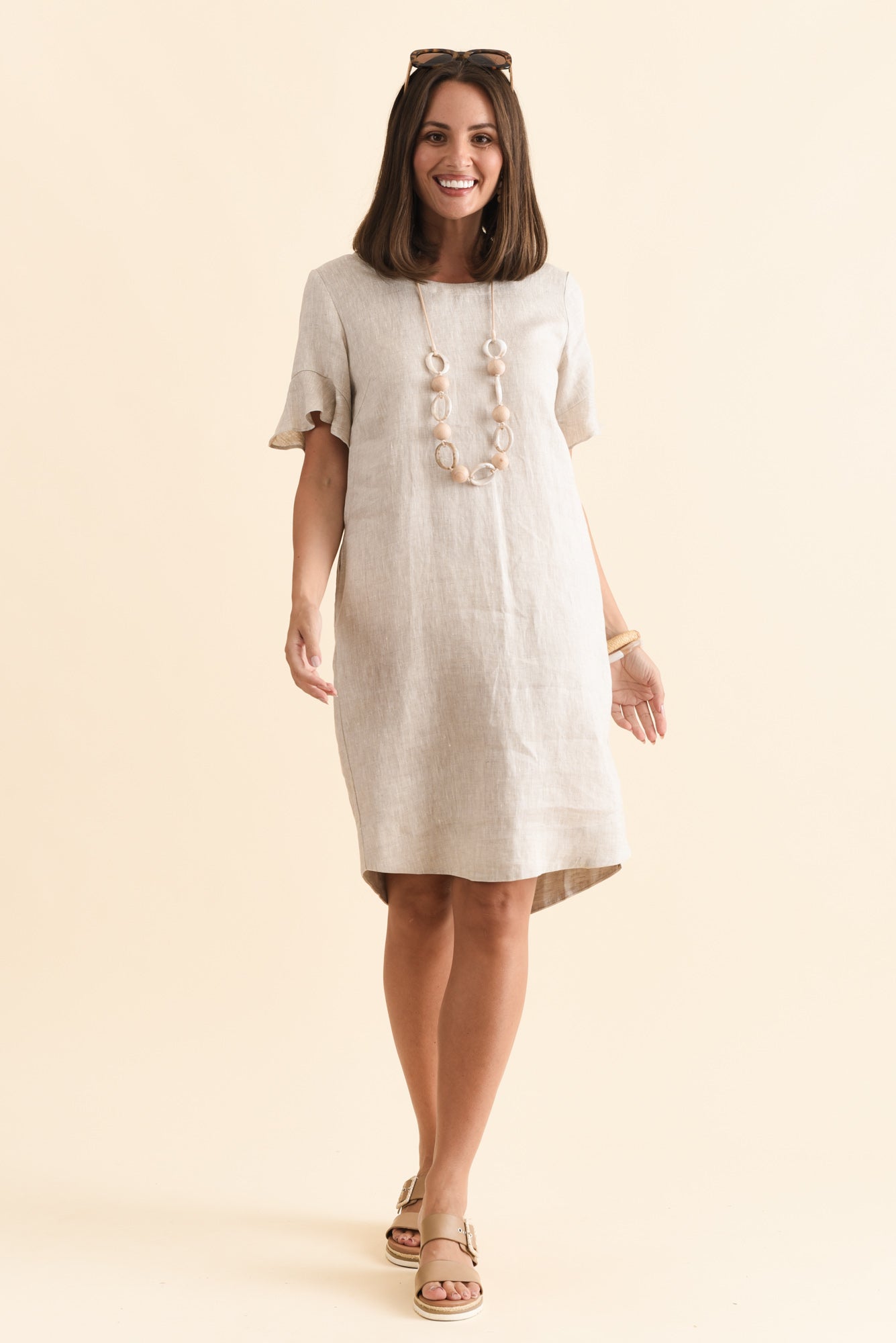 Lesley Beige Linen Flutter Sleeve Dress