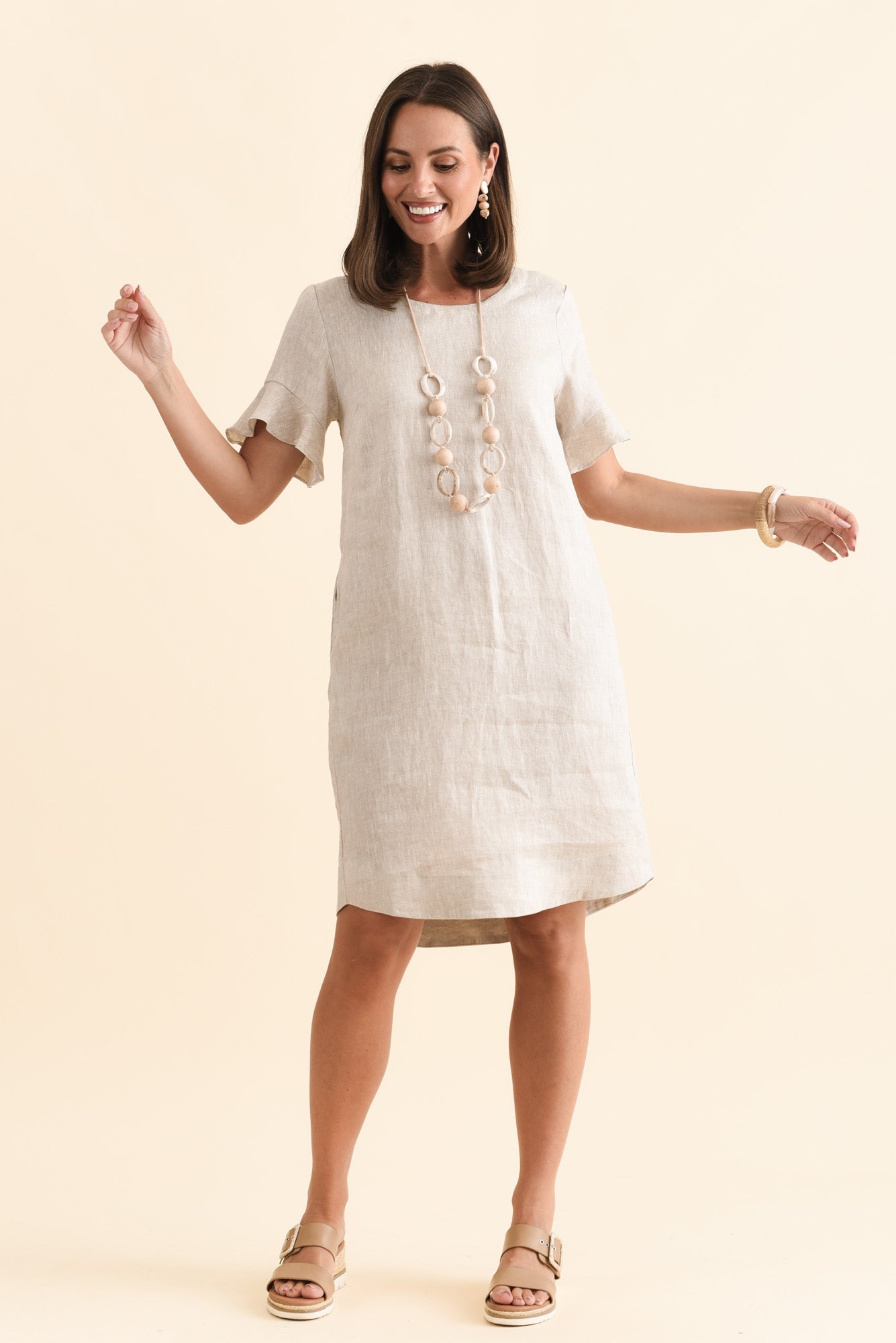 Lesley Beige Linen Flutter Sleeve Dress