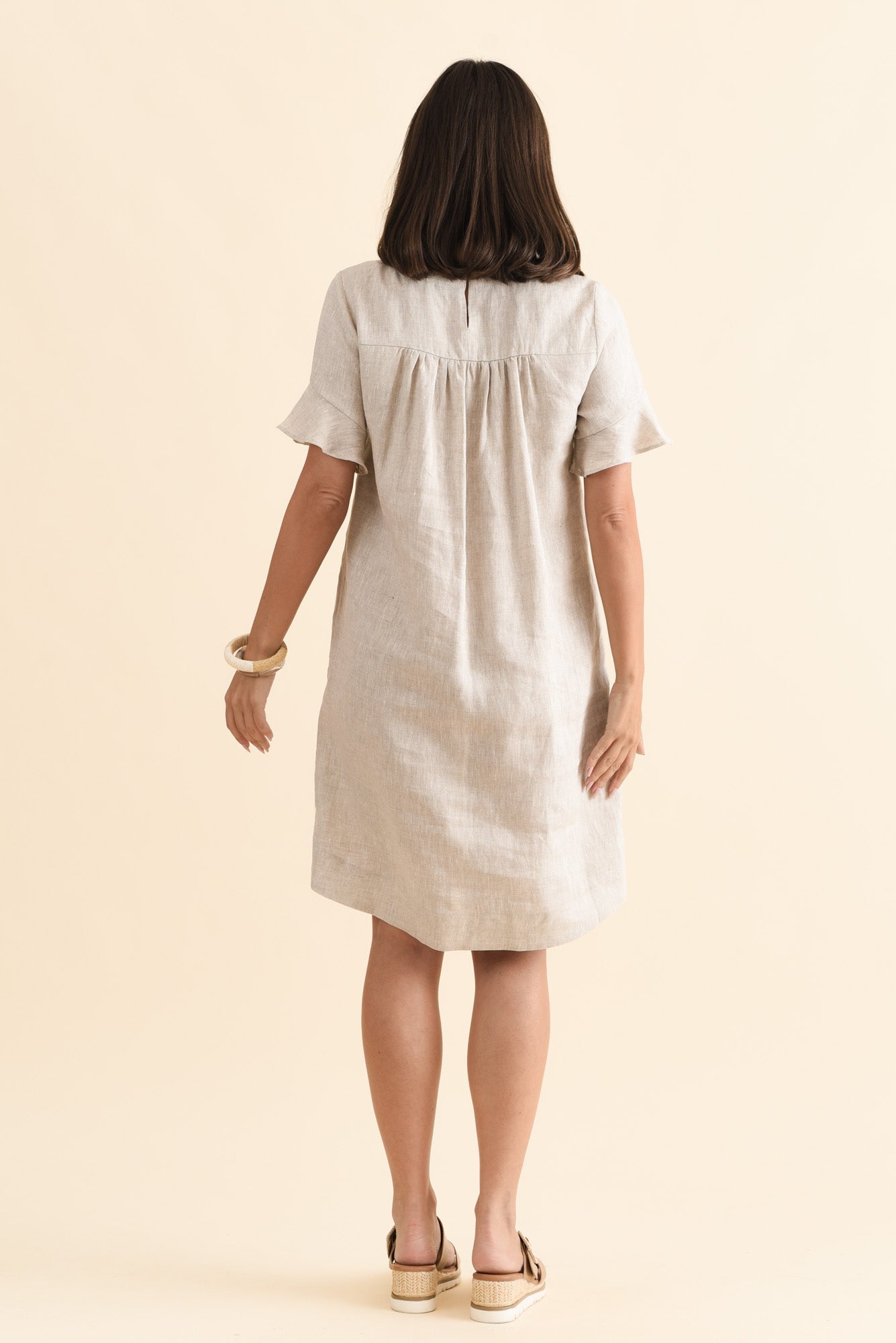 Lesley Beige Linen Flutter Sleeve Dress