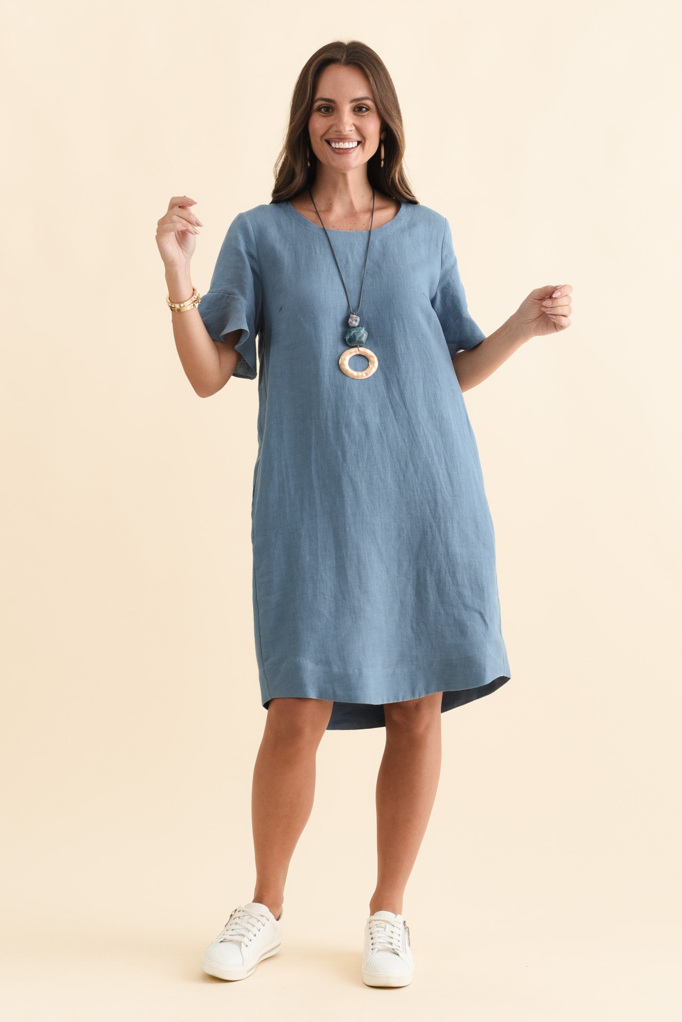Lesley Blue Linen Flutter Sleeve Dress