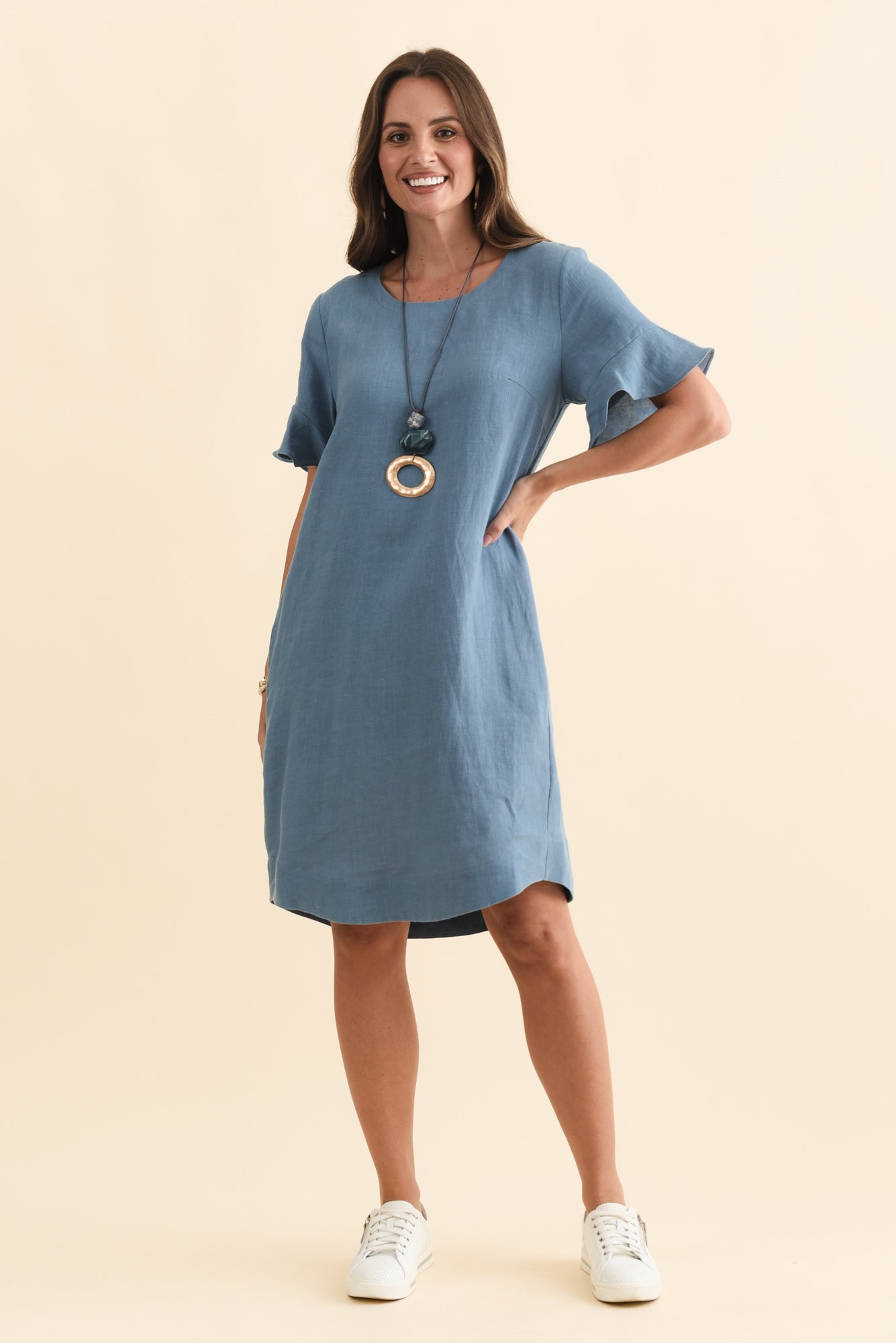 Lesley Blue Linen Flutter Sleeve Dress