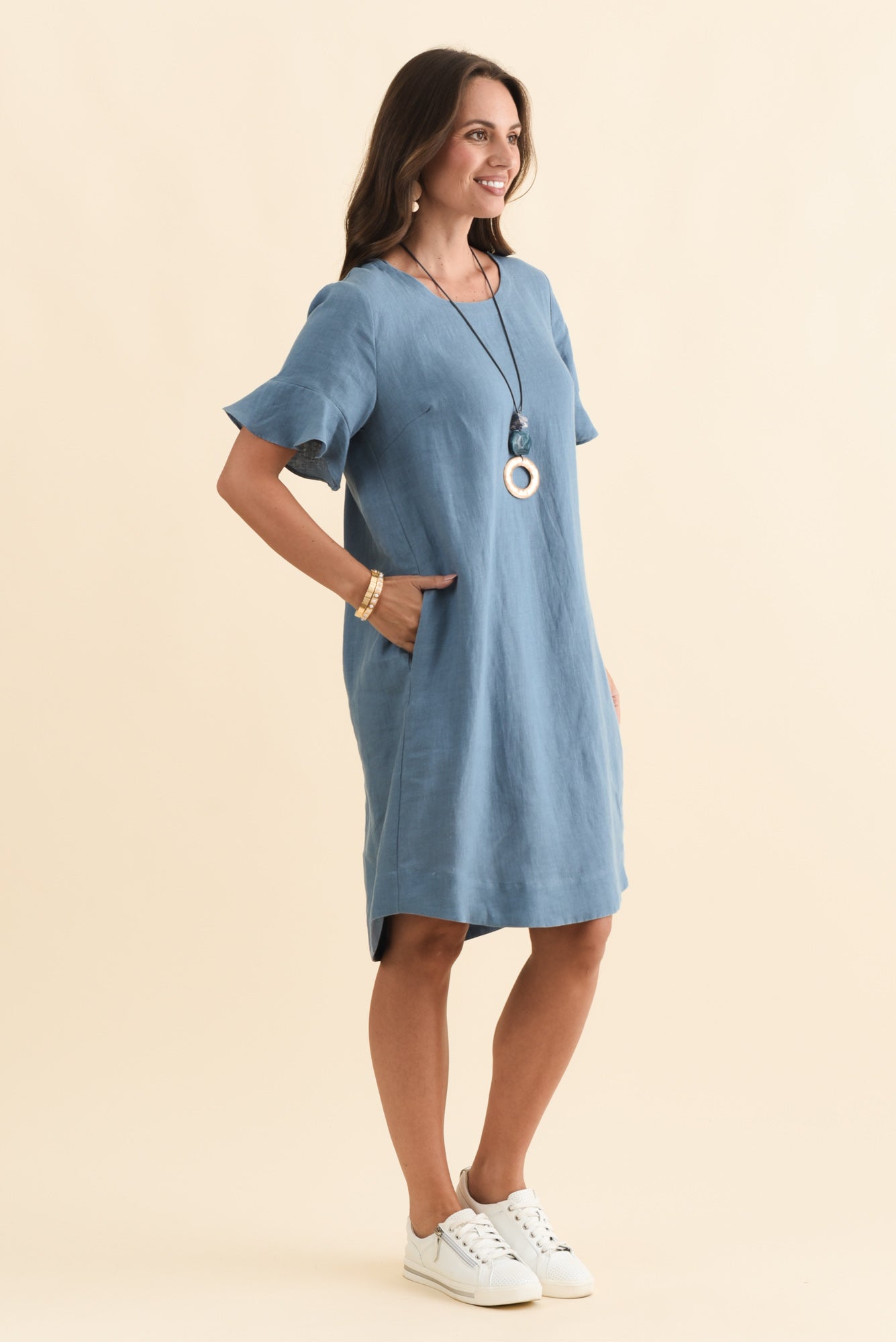 Lesley Blue Linen Flutter Sleeve Dress