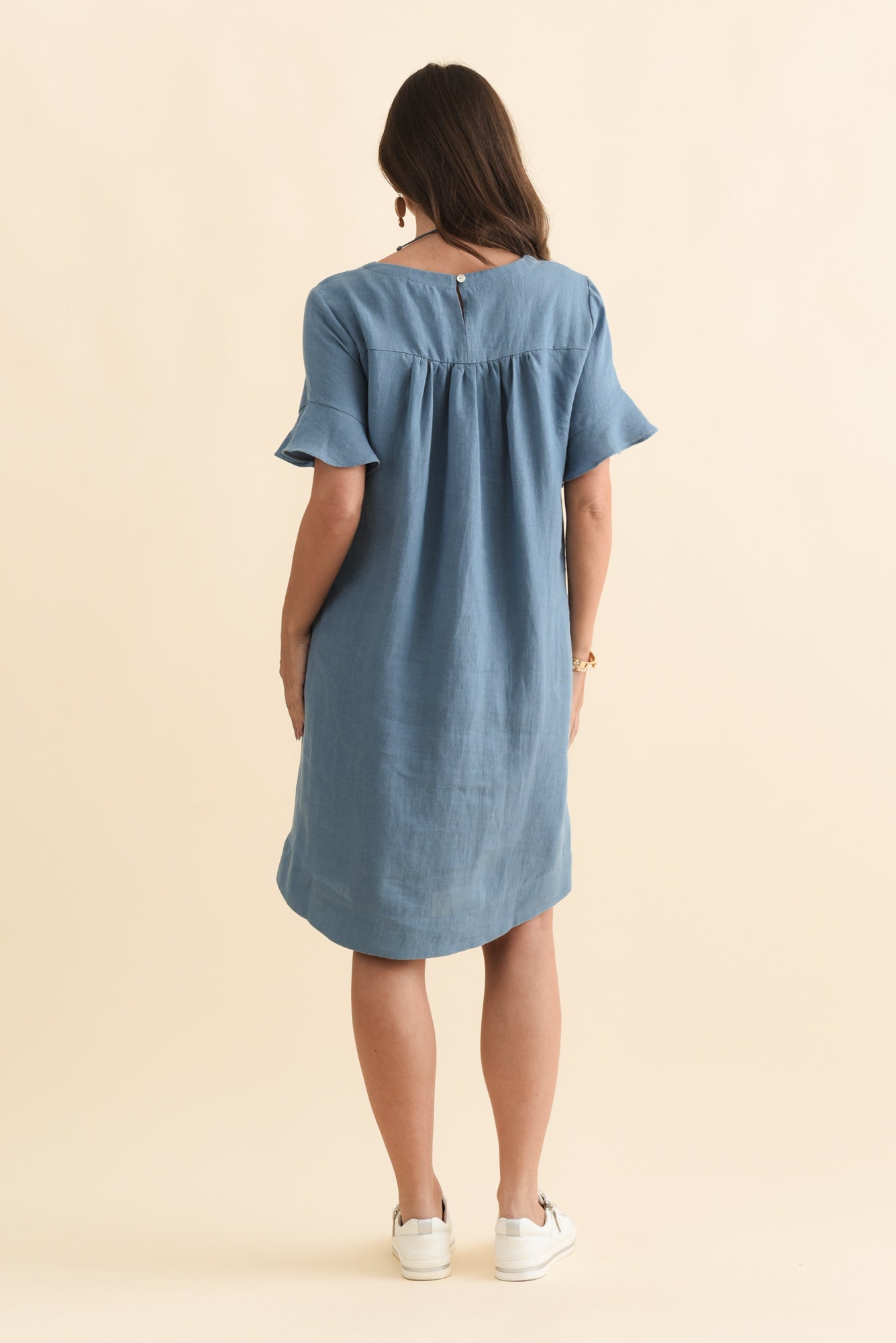 Lesley Blue Linen Flutter Sleeve Dress