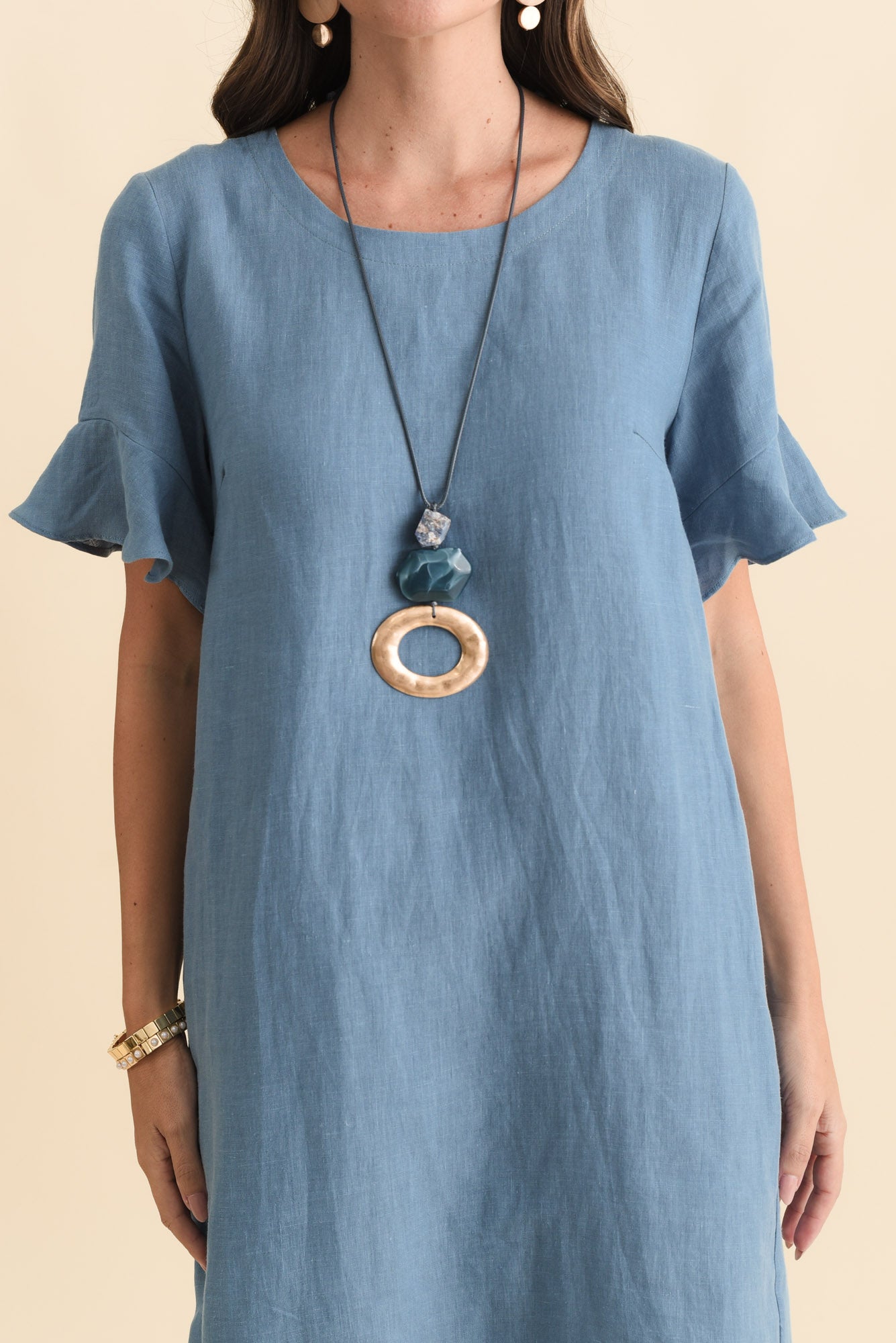 Lesley Blue Linen Flutter Sleeve Dress