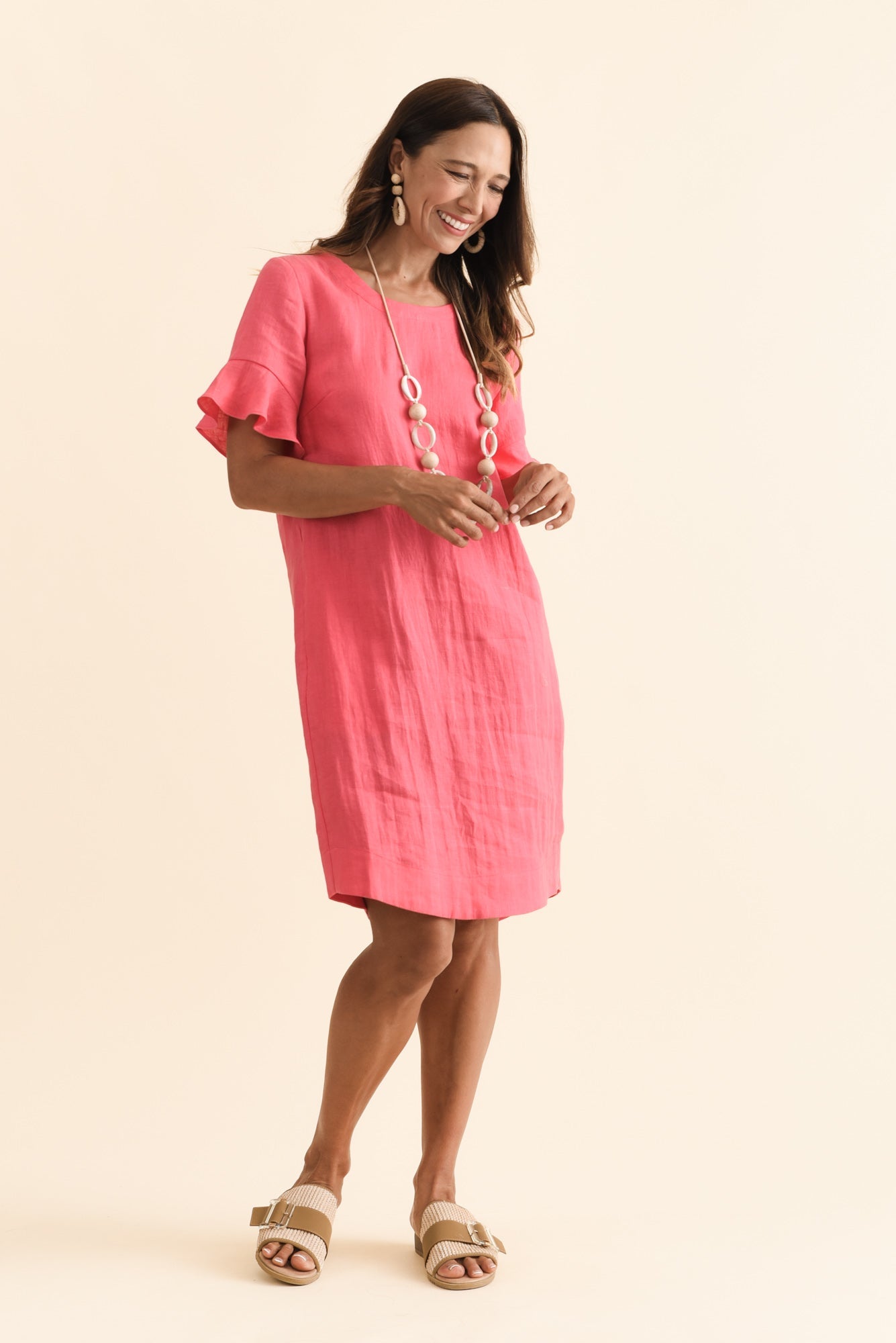 Lesley Melon Linen Flutter Sleeve Dress