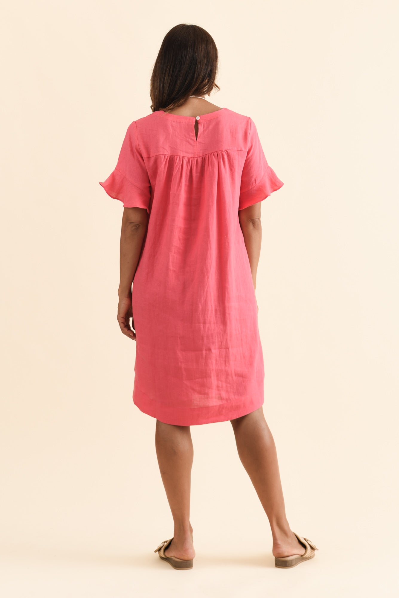 Lesley Melon Linen Flutter Sleeve Dress