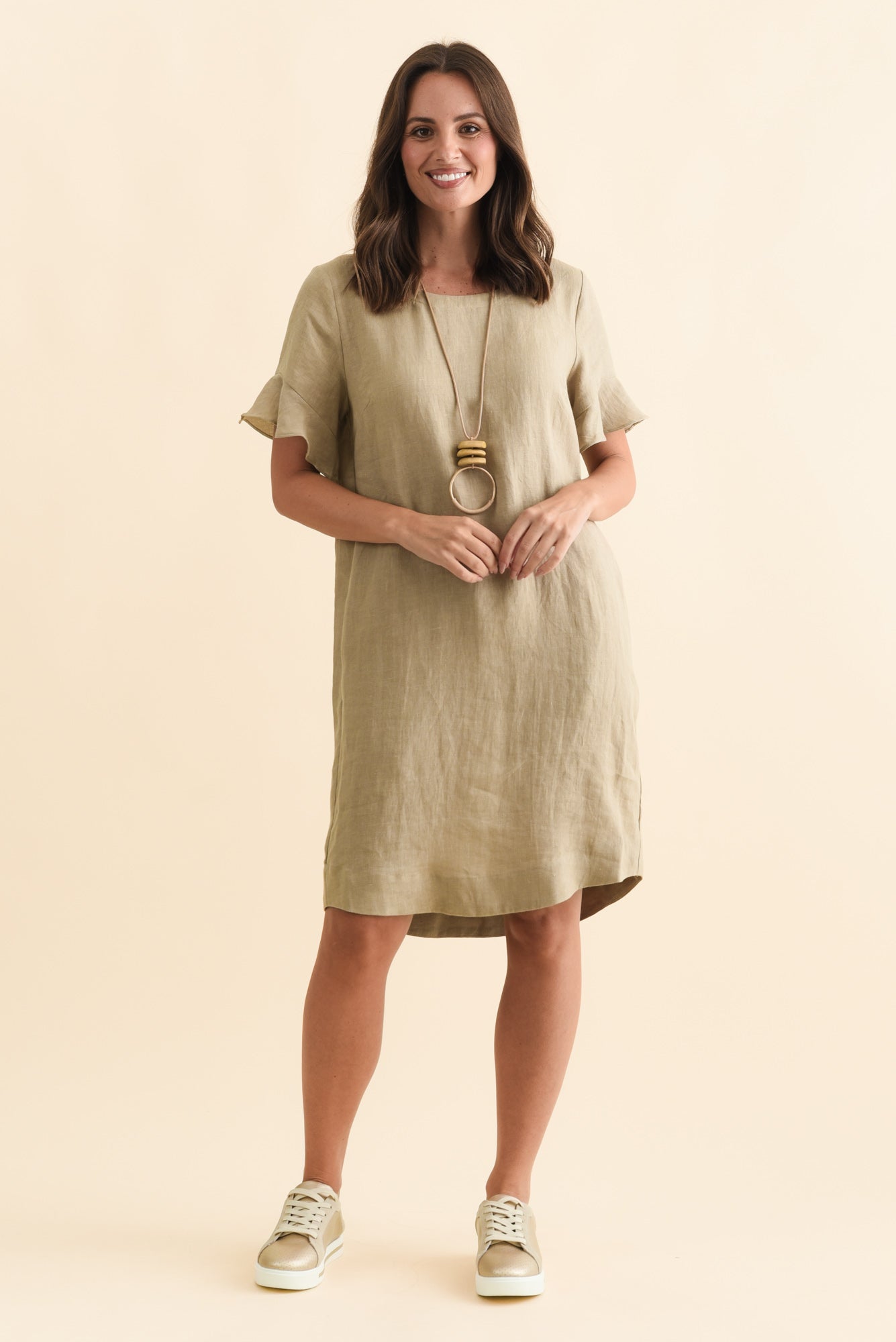 Lesley Taupe Linen Flutter Sleeve Dress