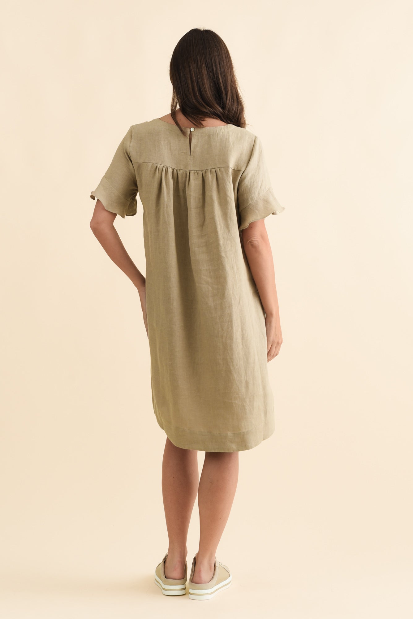 Lesley Taupe Linen Flutter Sleeve Dress