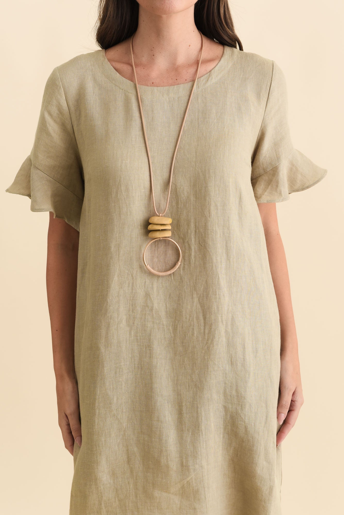 Lesley Taupe Linen Flutter Sleeve Dress