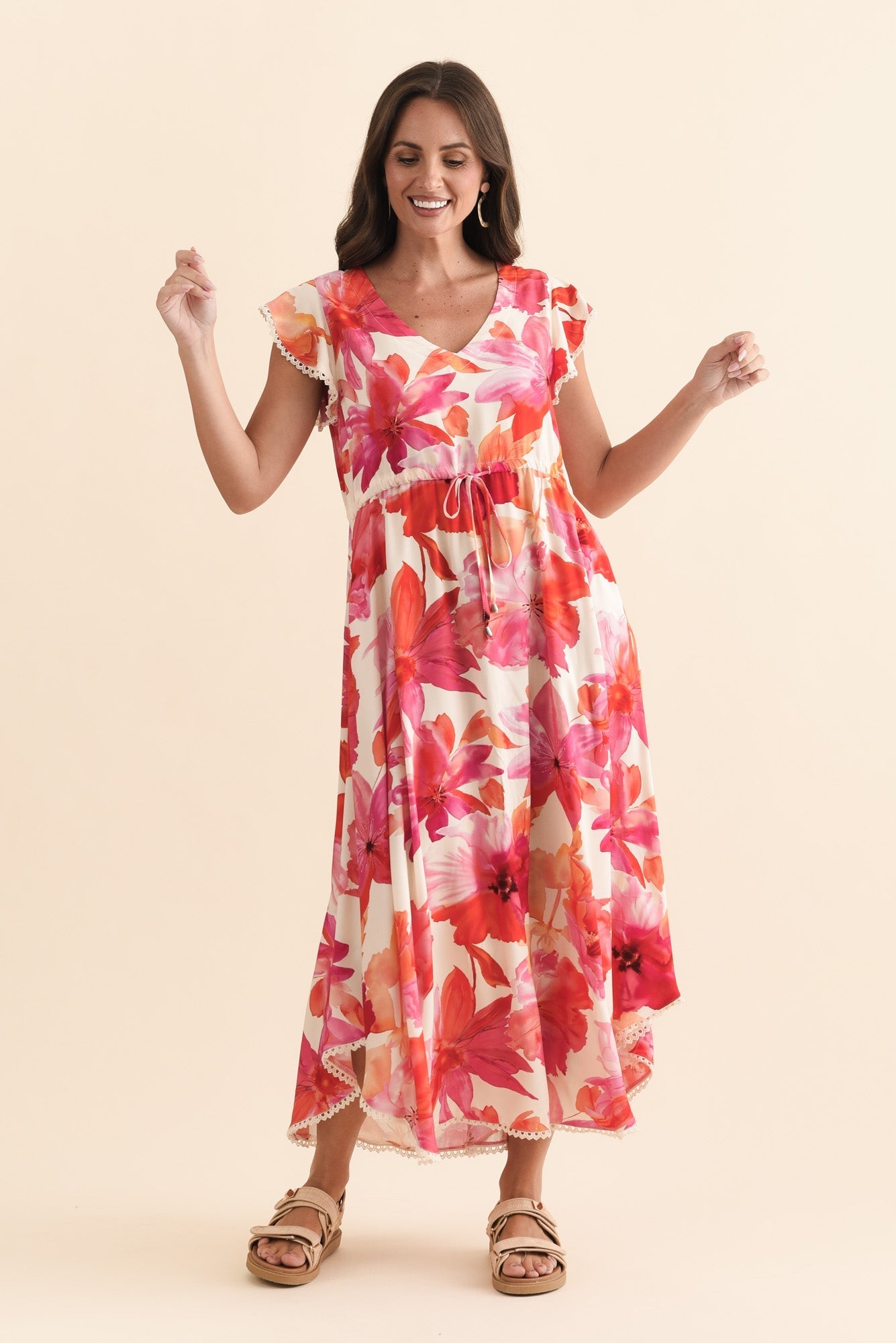 Libby Orange Flower Midi Dress
