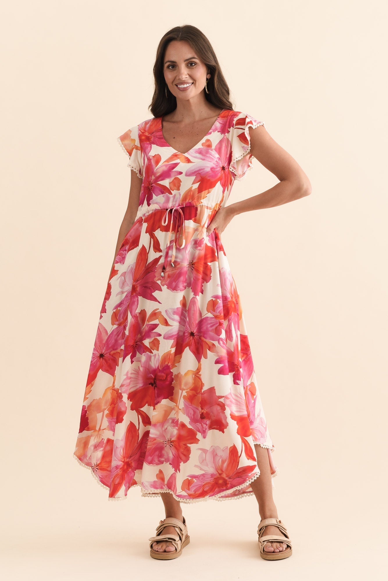 Libby Orange Flower Midi Dress