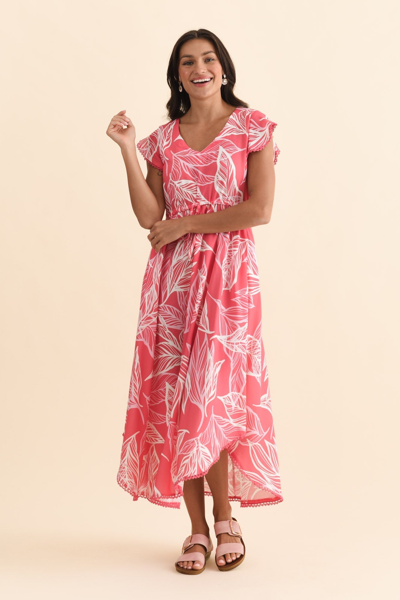 Libby Pink Leaf Midi Dress