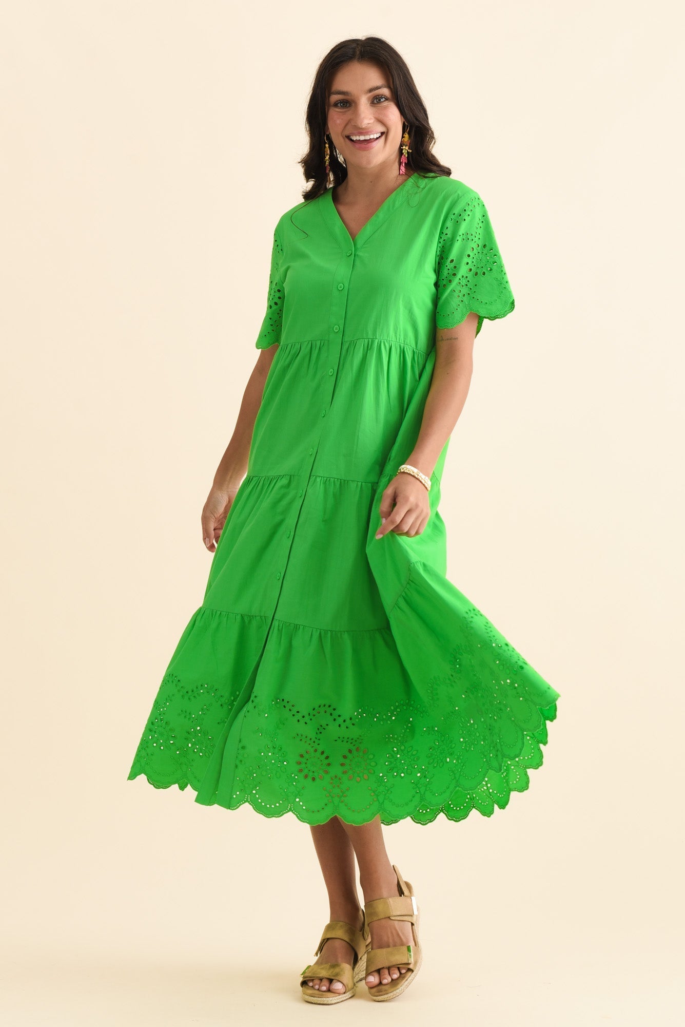 Lilith Green Embroidered Cotton Dress