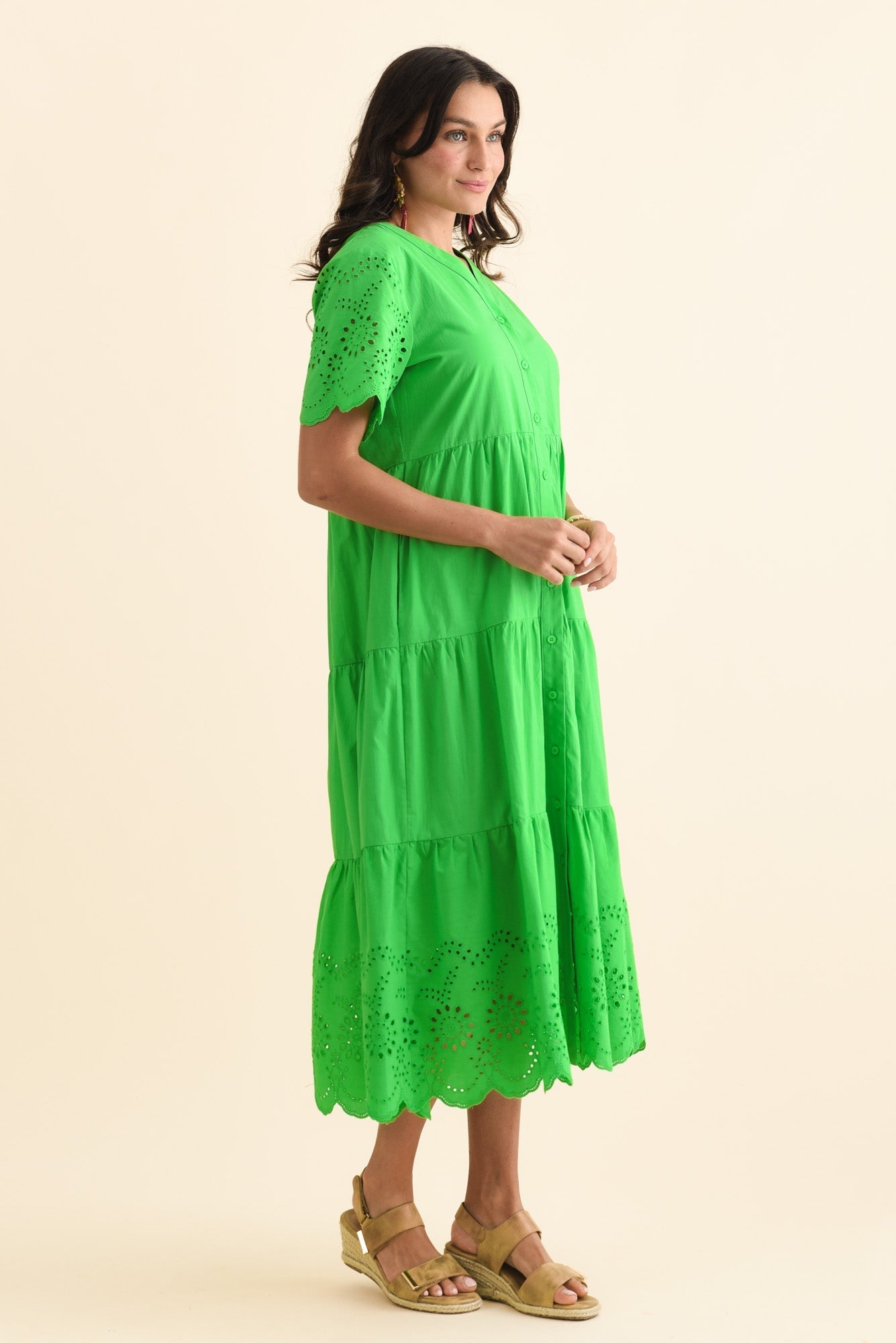 Lilith Green Embroidered Cotton Dress
