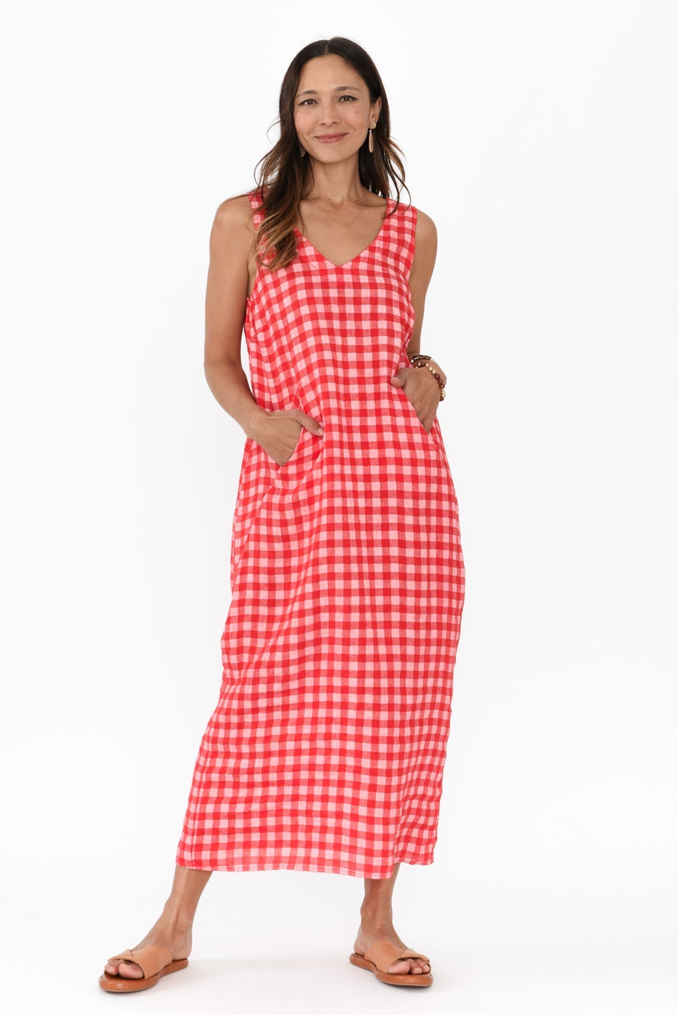 Lisa Red Check Linen Pocket Dress