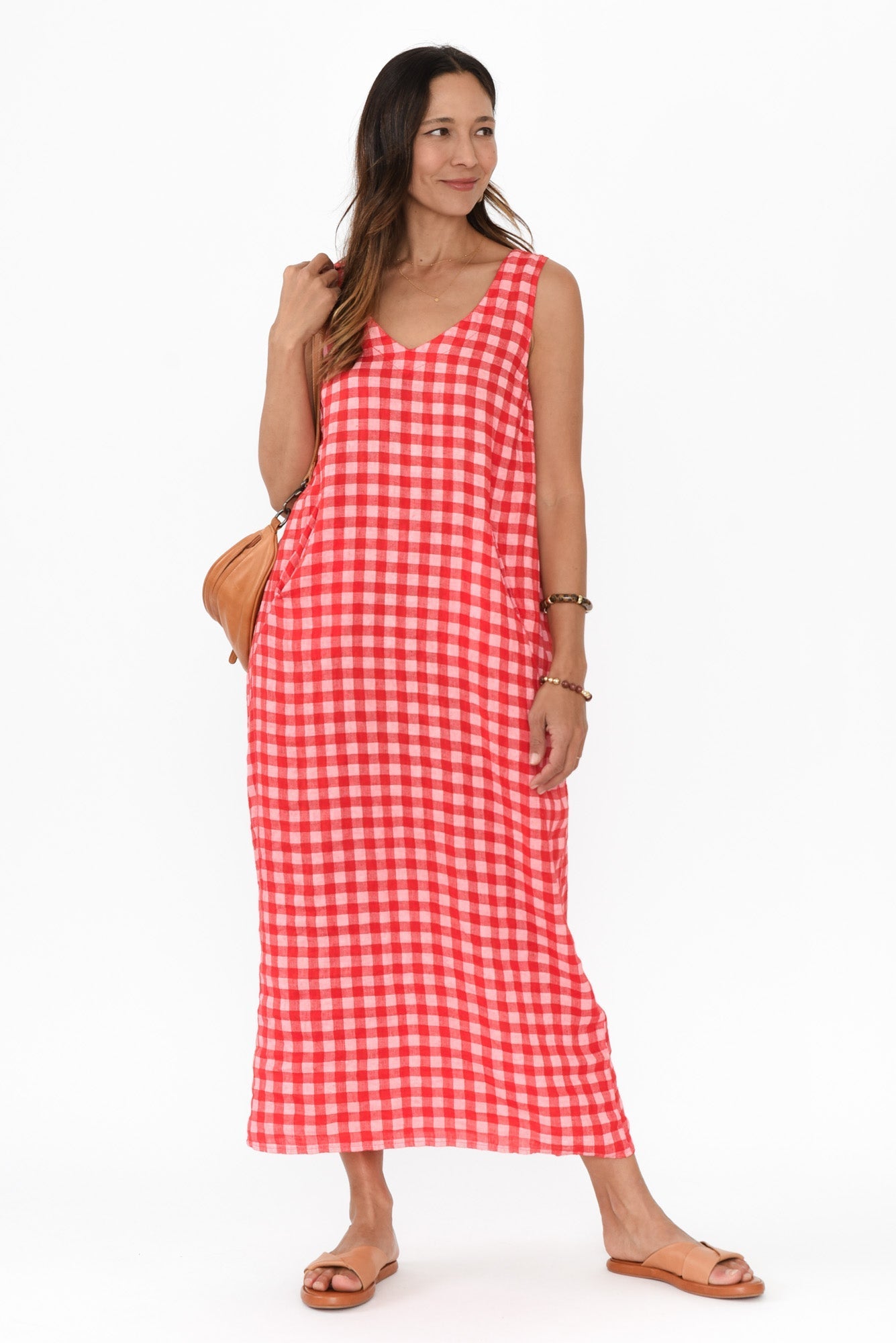 Lisa Red Check Linen Pocket Dress