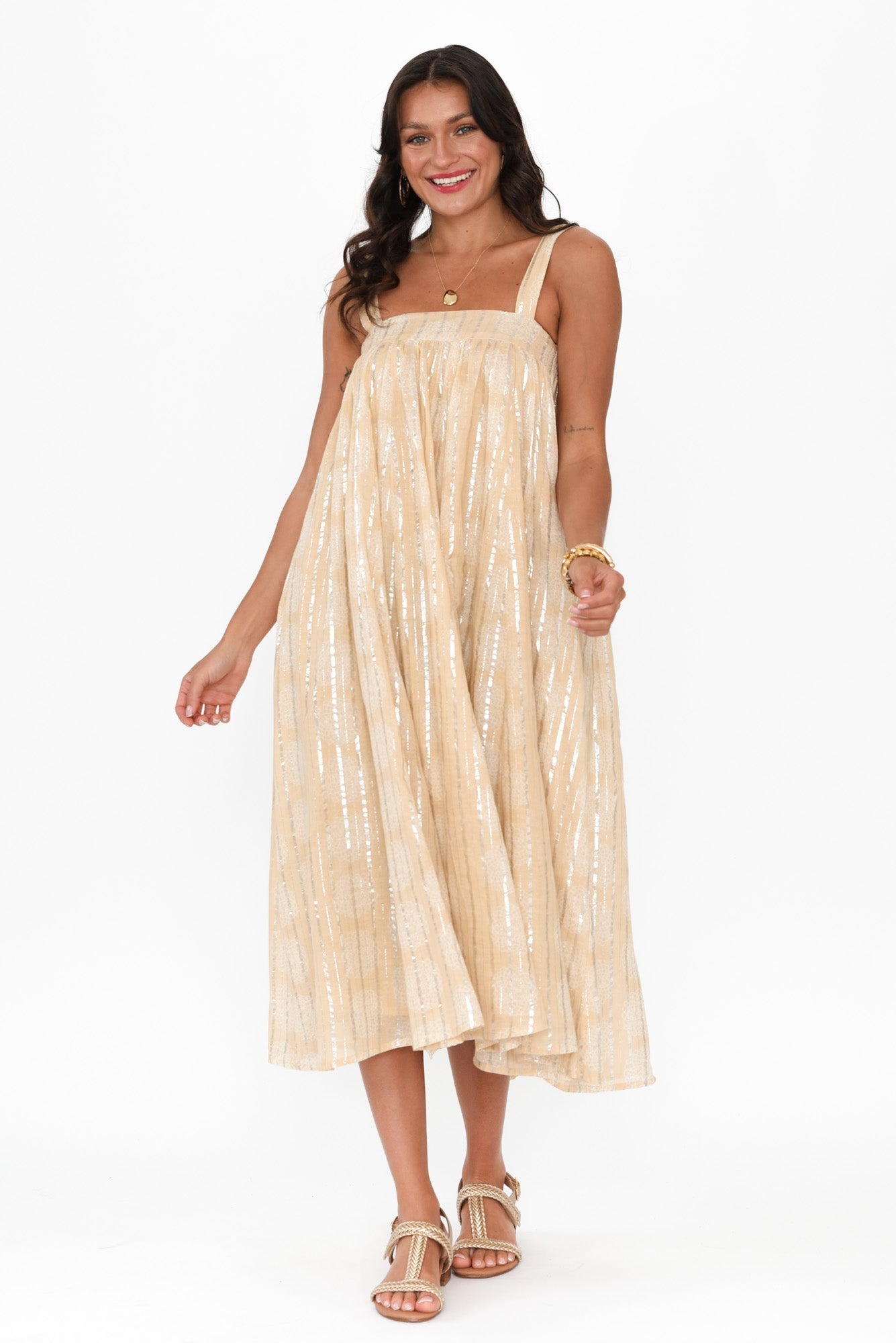 Livvy Beige Stripe Cotton Maxi Dress