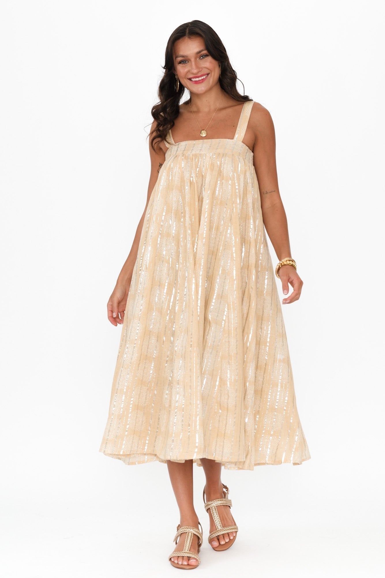 Livvy Beige Stripe Cotton Maxi Dress