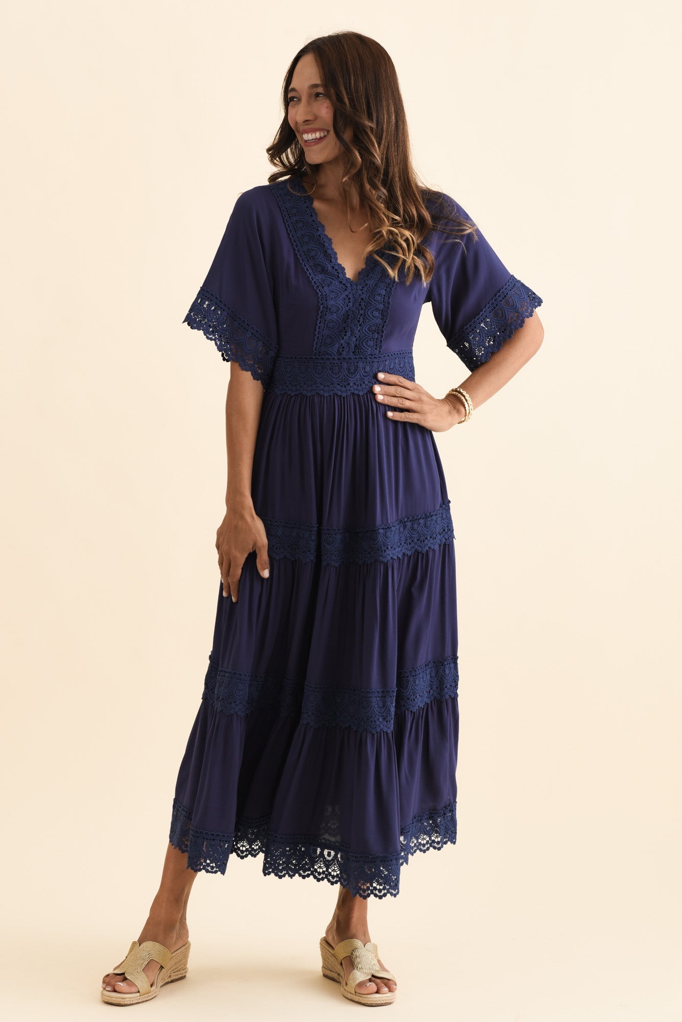 Loris Navy Lace Trim Dress