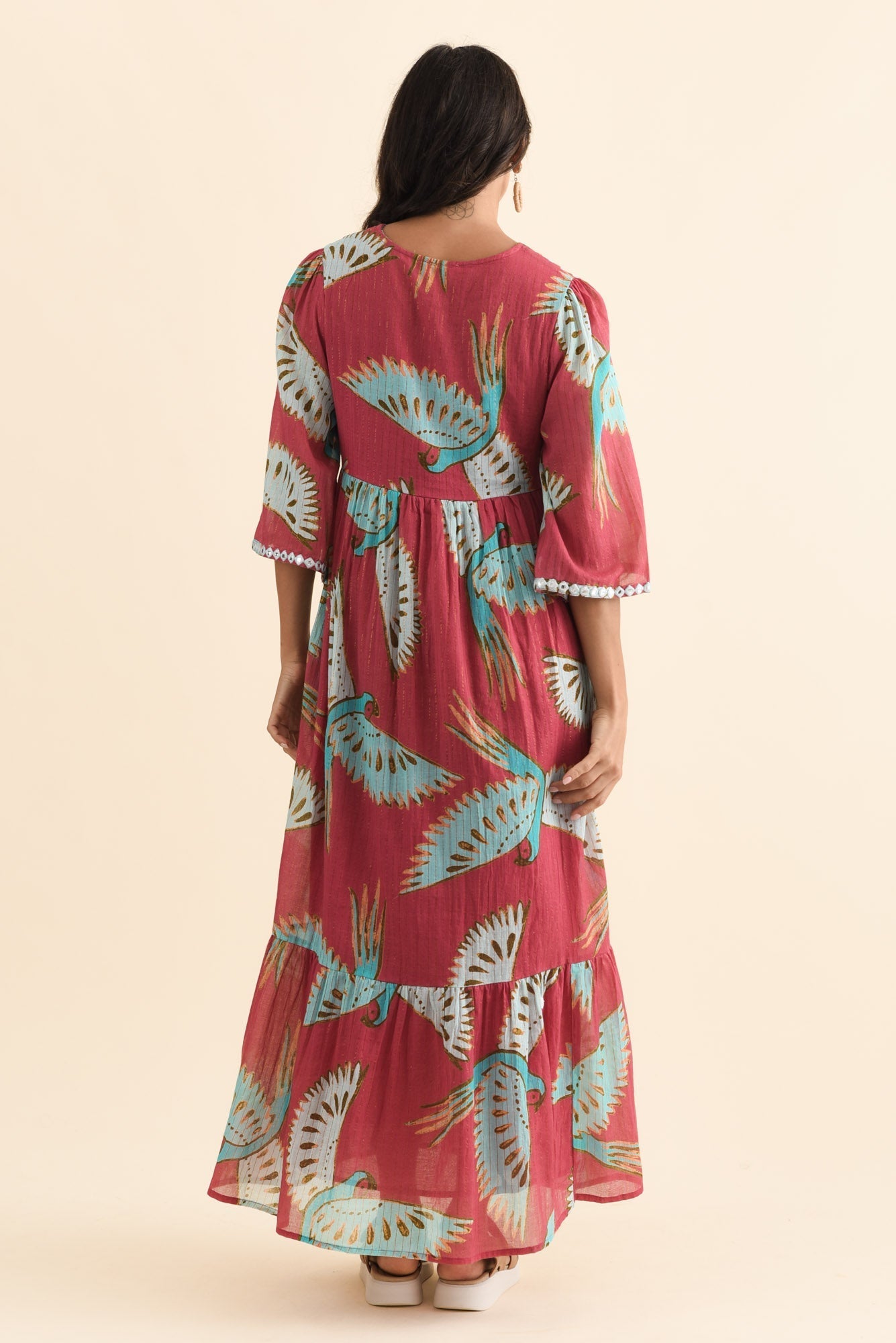 Lorrini Red Bird Cotton Tier Dress